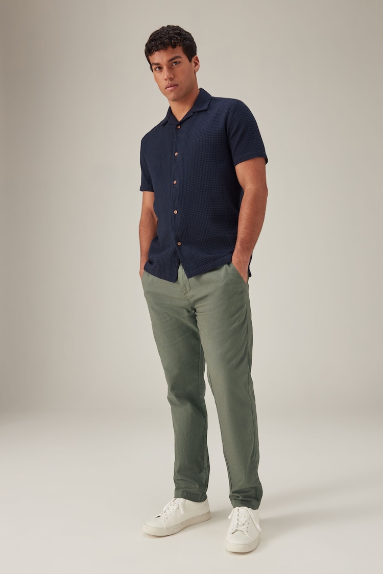 Khaki Green Slim Fit Linen Cotton Elasticated Drawstring Trousers - Image 3 of 9