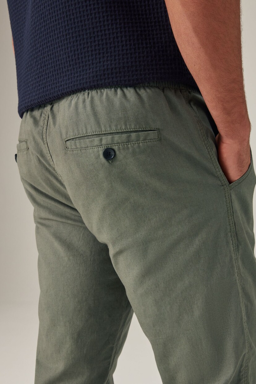 Khaki Green Slim Fit Linen Cotton Elasticated Drawstring Trousers - Image 6 of 9