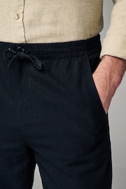 Black Slim Fit Linen Cotton Elasticated Drawstring Trousers - Image 5 of 9