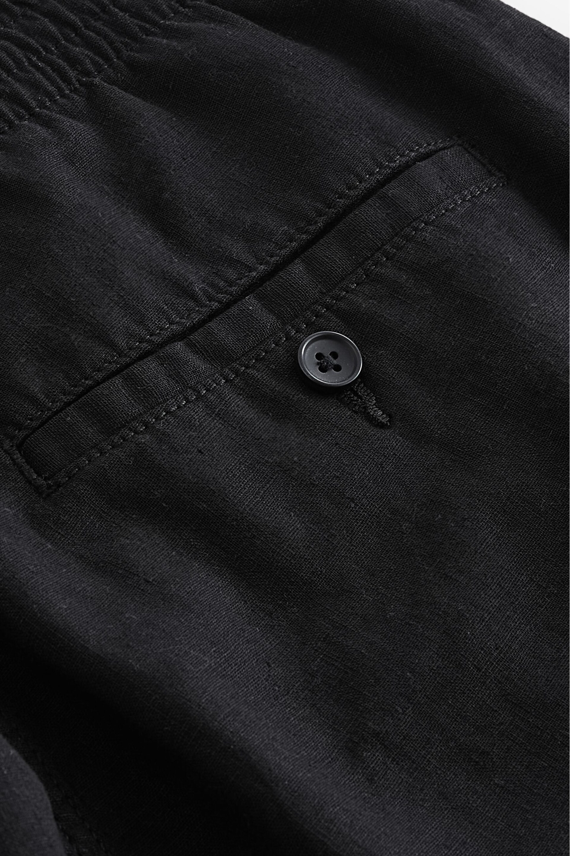 Black Slim Fit Linen Cotton Elasticated Drawstring Trousers - Image 6 of 9