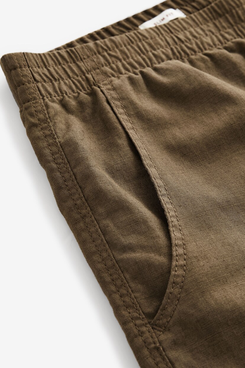 Tan Brown Slim Fit Linen Cotton Elasticated Drawstring Trousers - Image 10 of 11