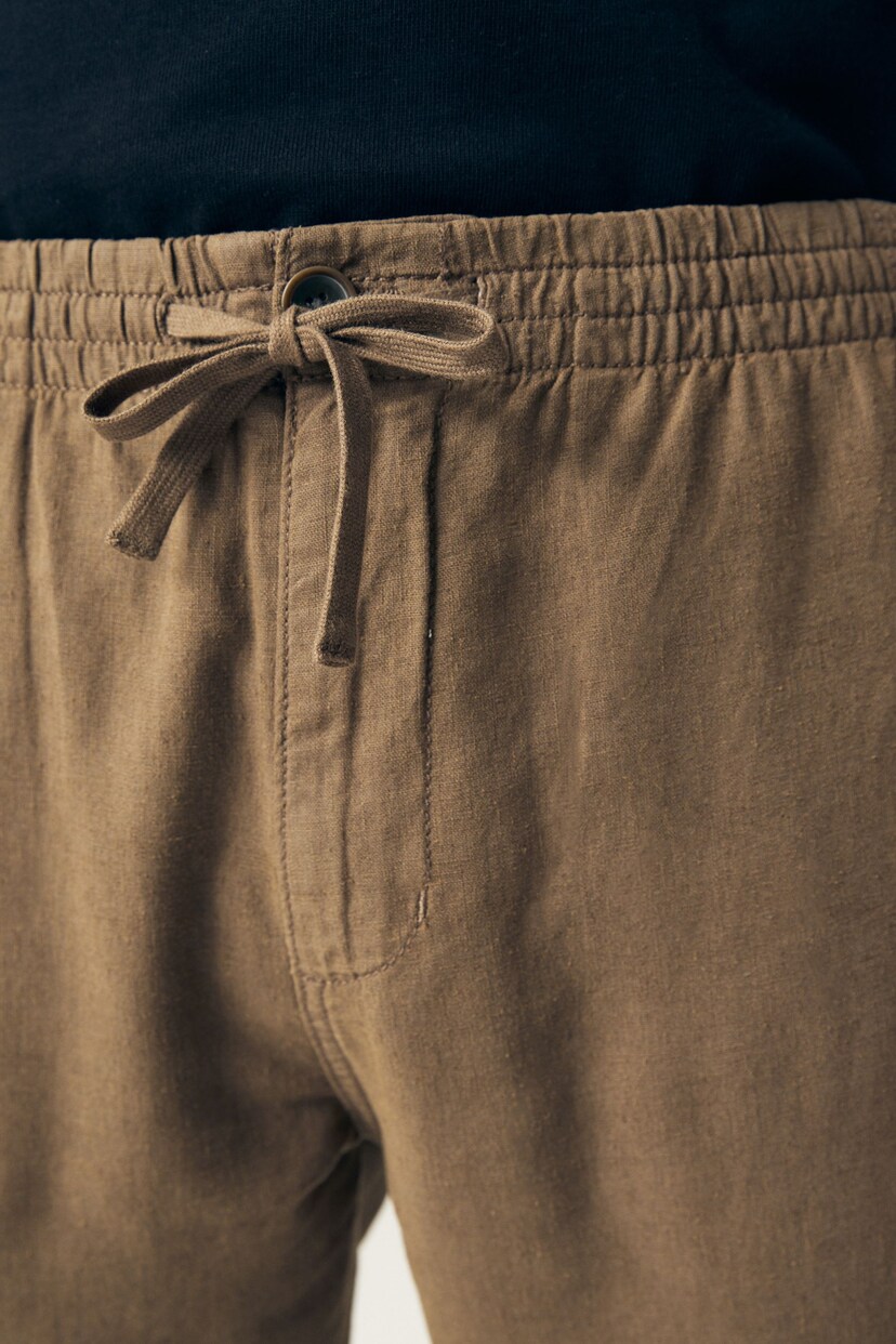 Tan Brown Slim Fit Linen Cotton Elasticated Drawstring Trousers - Image 5 of 11