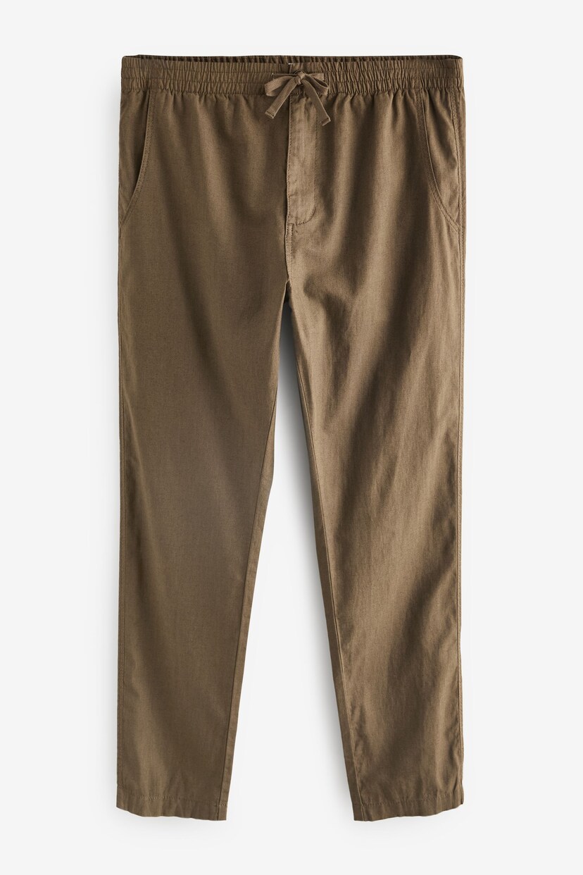 Tan Brown Slim Fit Linen Cotton Elasticated Drawstring Trousers - Image 8 of 11