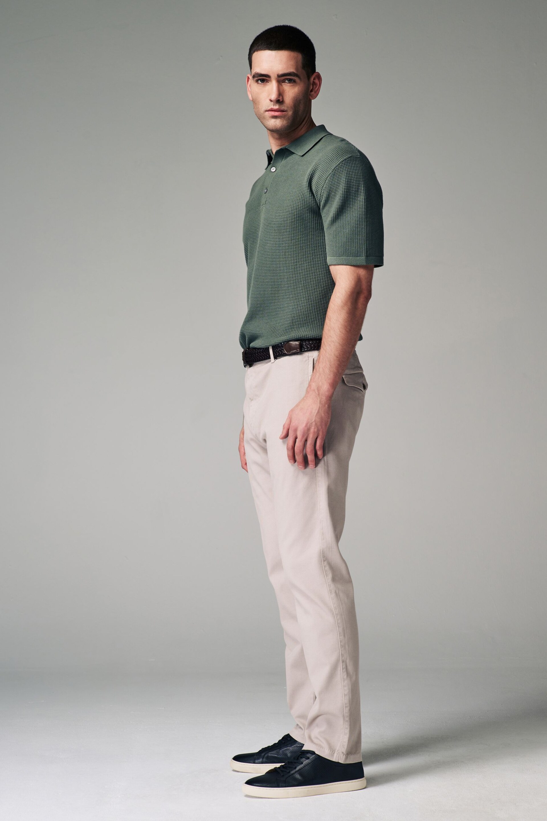 Light Stone Slim Fit Textured Belted Trousers - Image 4 of 11