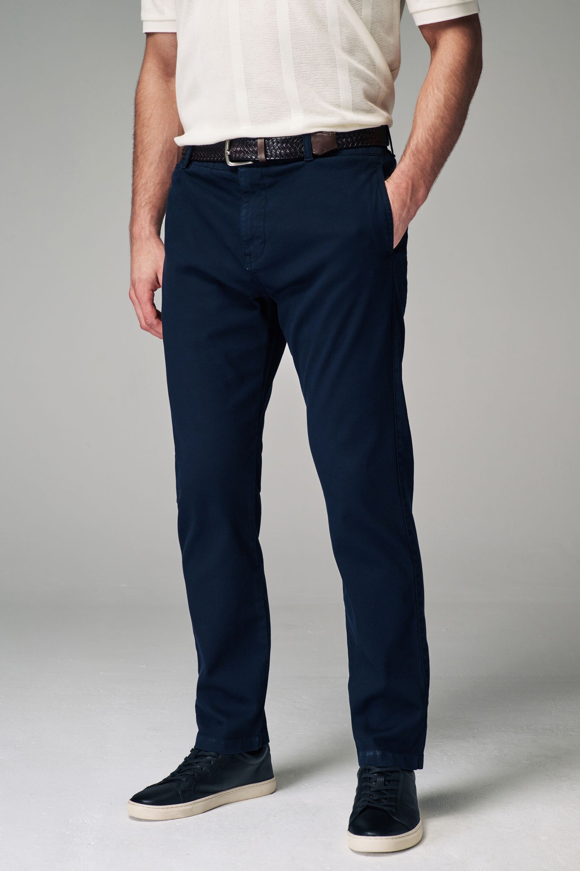 Navy Blue Slim Fit Textured Belted Trousers - Image 2 of 10