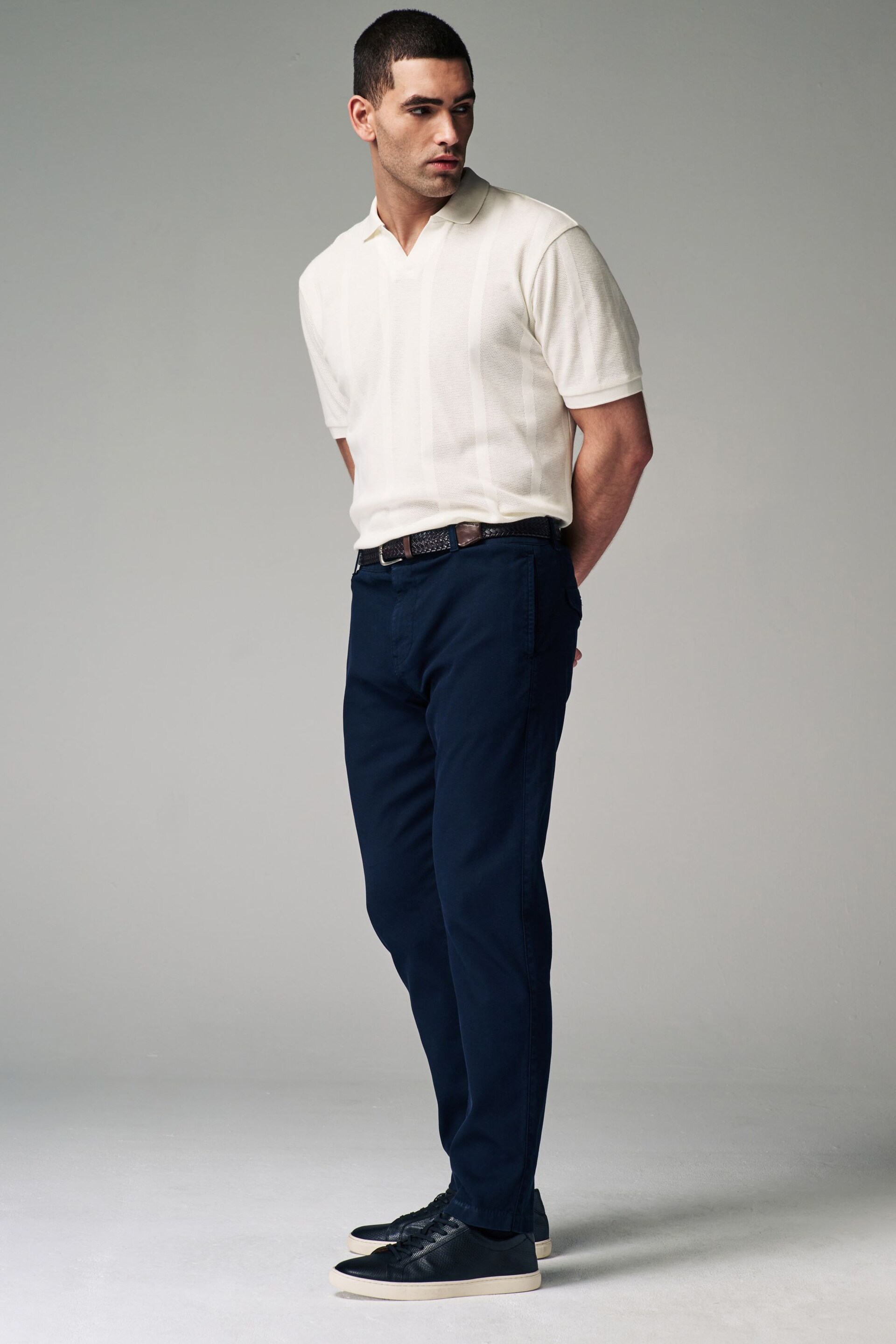 Navy Blue Slim Fit Textured Belted Trousers - Image 4 of 10