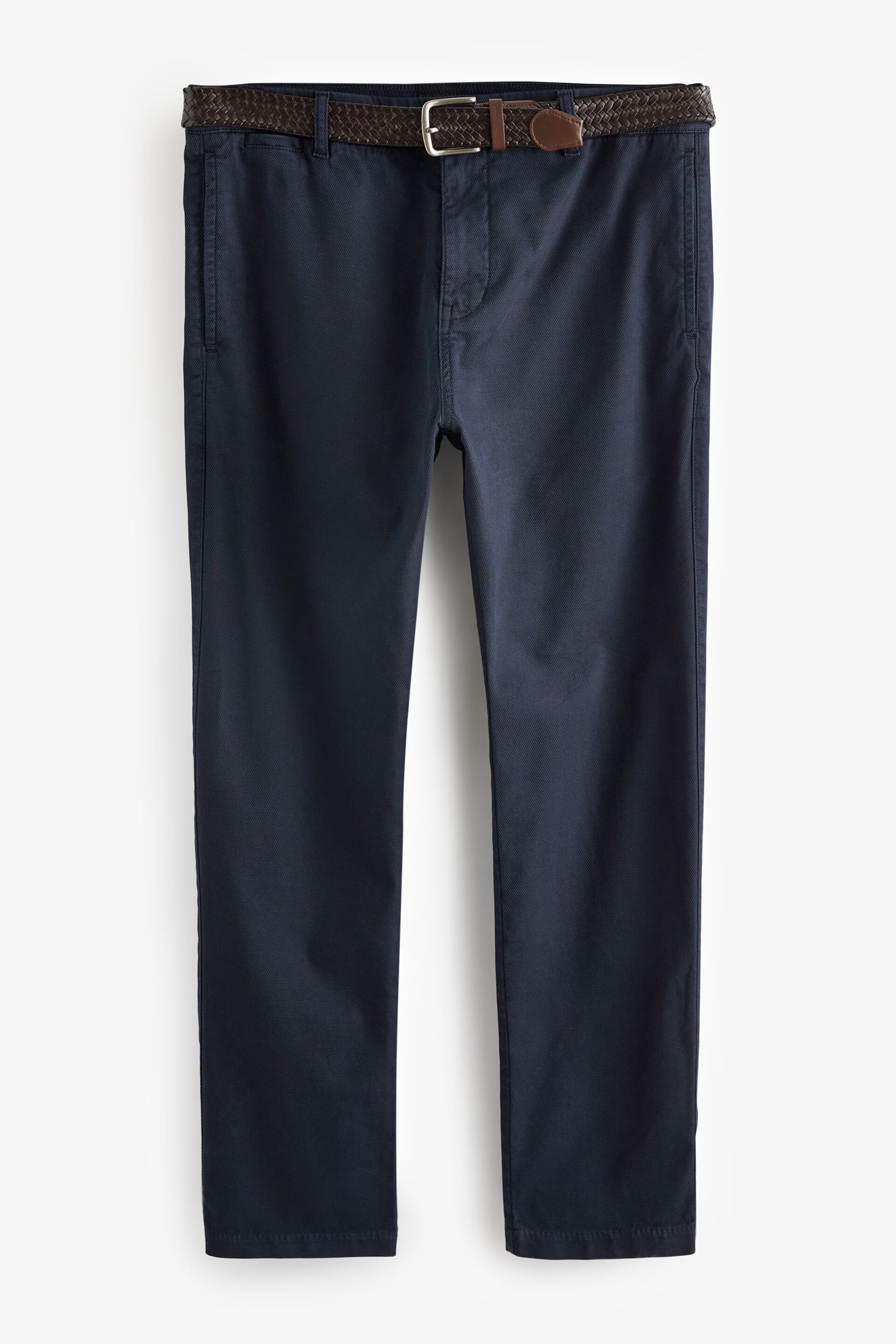 Navy Blue Slim Fit Textured Belted Trousers - Image 7 of 10