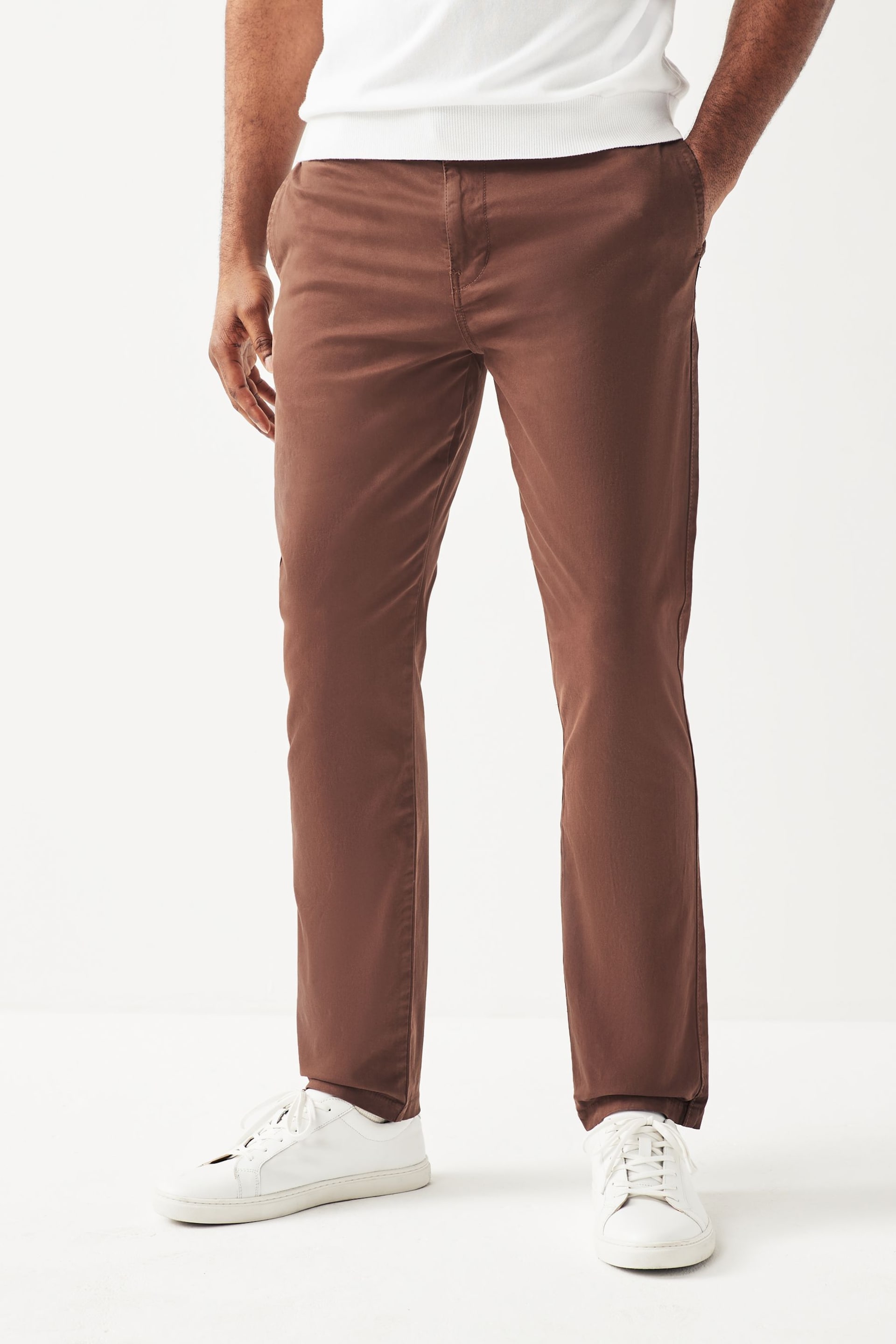 Rust Brown Slim Fit Premium Laundered Stretch Chinos Trousers - Image 1 of 7