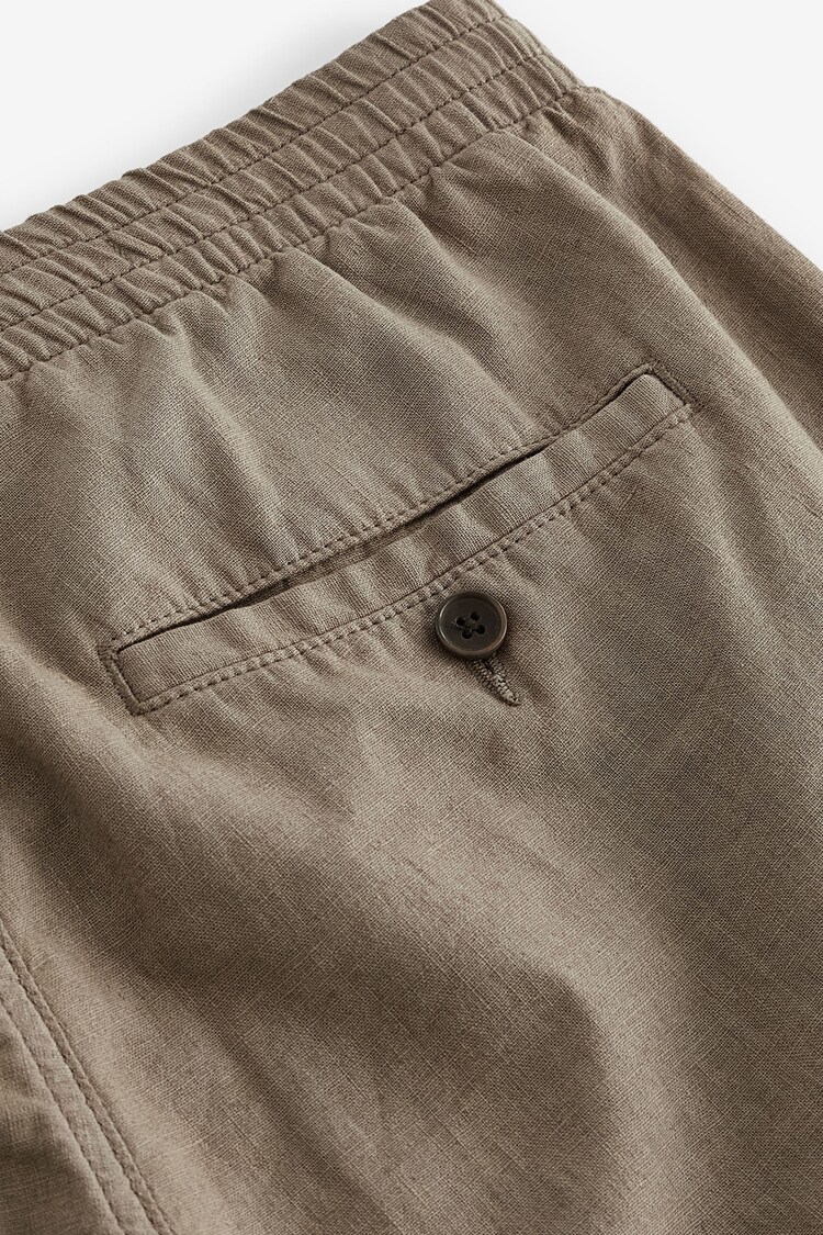 Mushroom Brown Slim Fit Linen Cotton Elasticated Drawstring Trousers - Image 8 of 9