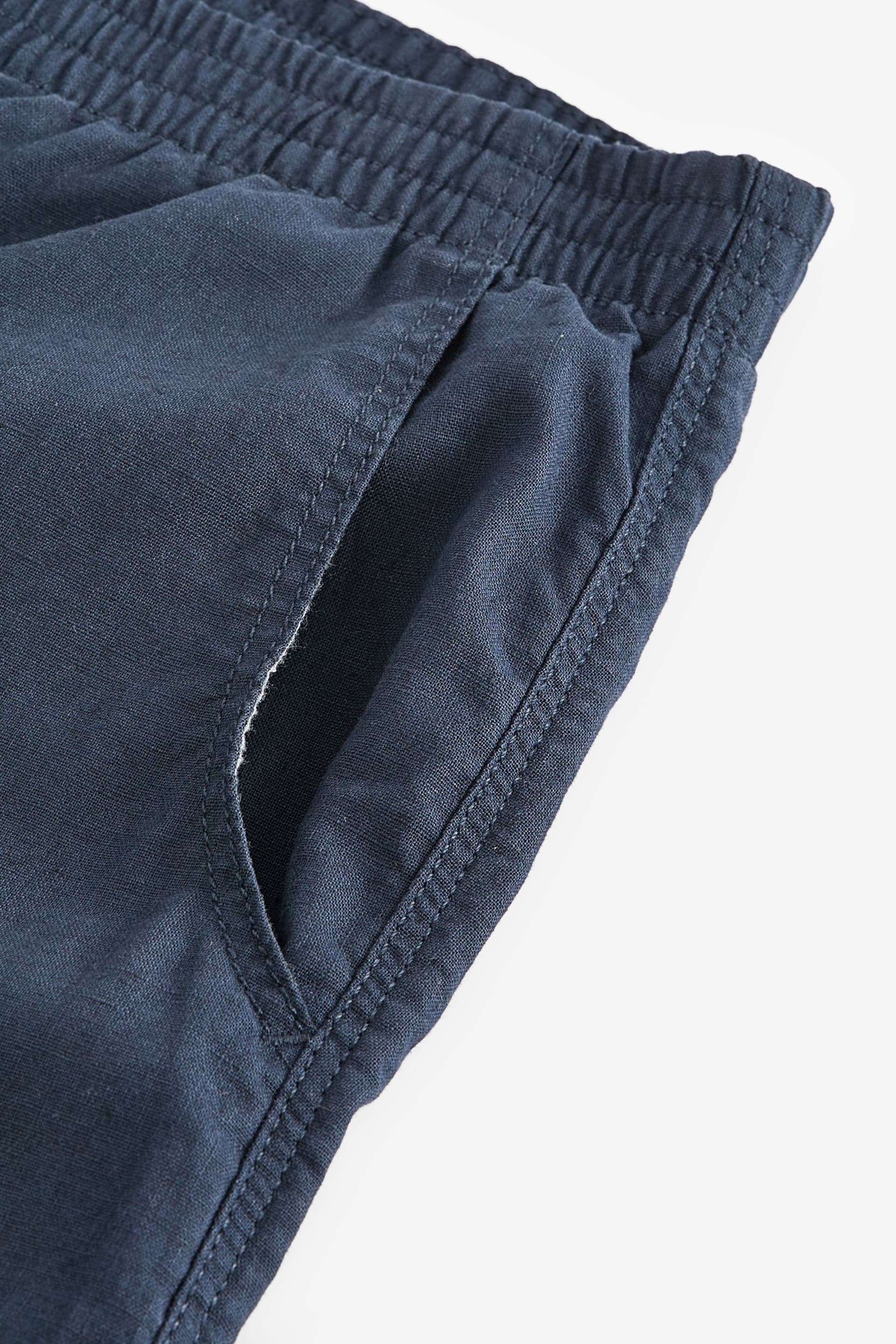 Navy Blue Slim Fit Linen Cotton Elasticated Drawstring Trousers - Image 10 of 11