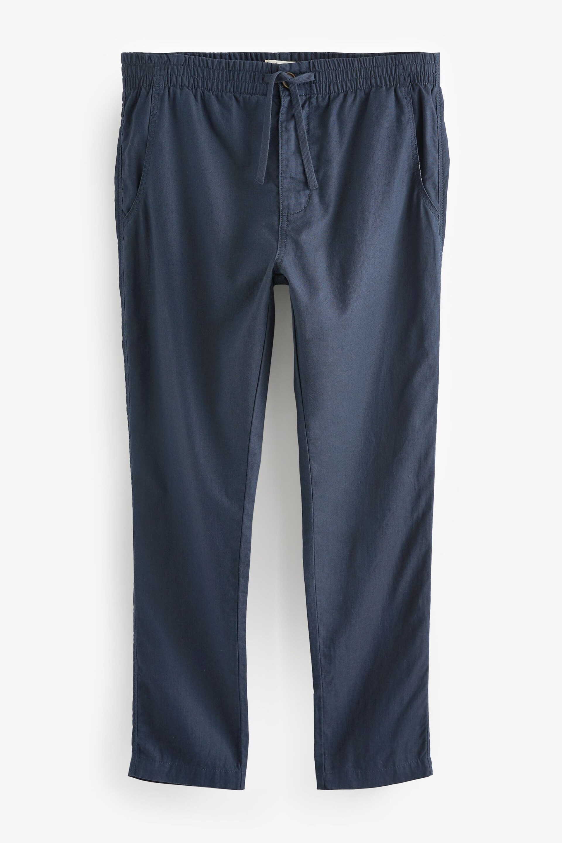 Navy Blue Slim Fit Linen Cotton Elasticated Drawstring Trousers - Image 7 of 11