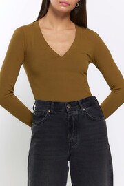 River Island Green Rib V-Neck Long Sleeve Top - Image 2 of 6