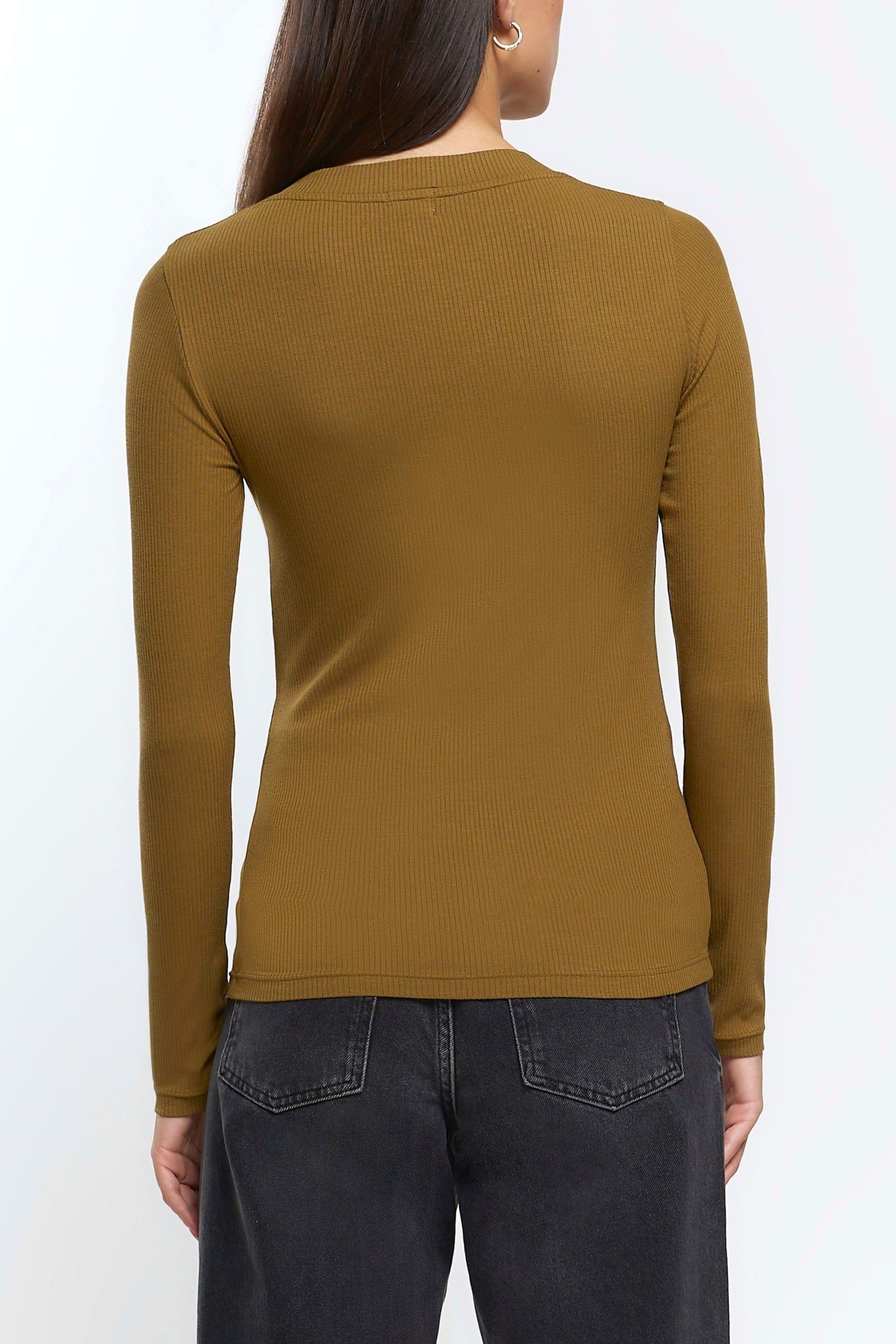 River Island Green Rib V-Neck Long Sleeve Top - Image 4 of 6