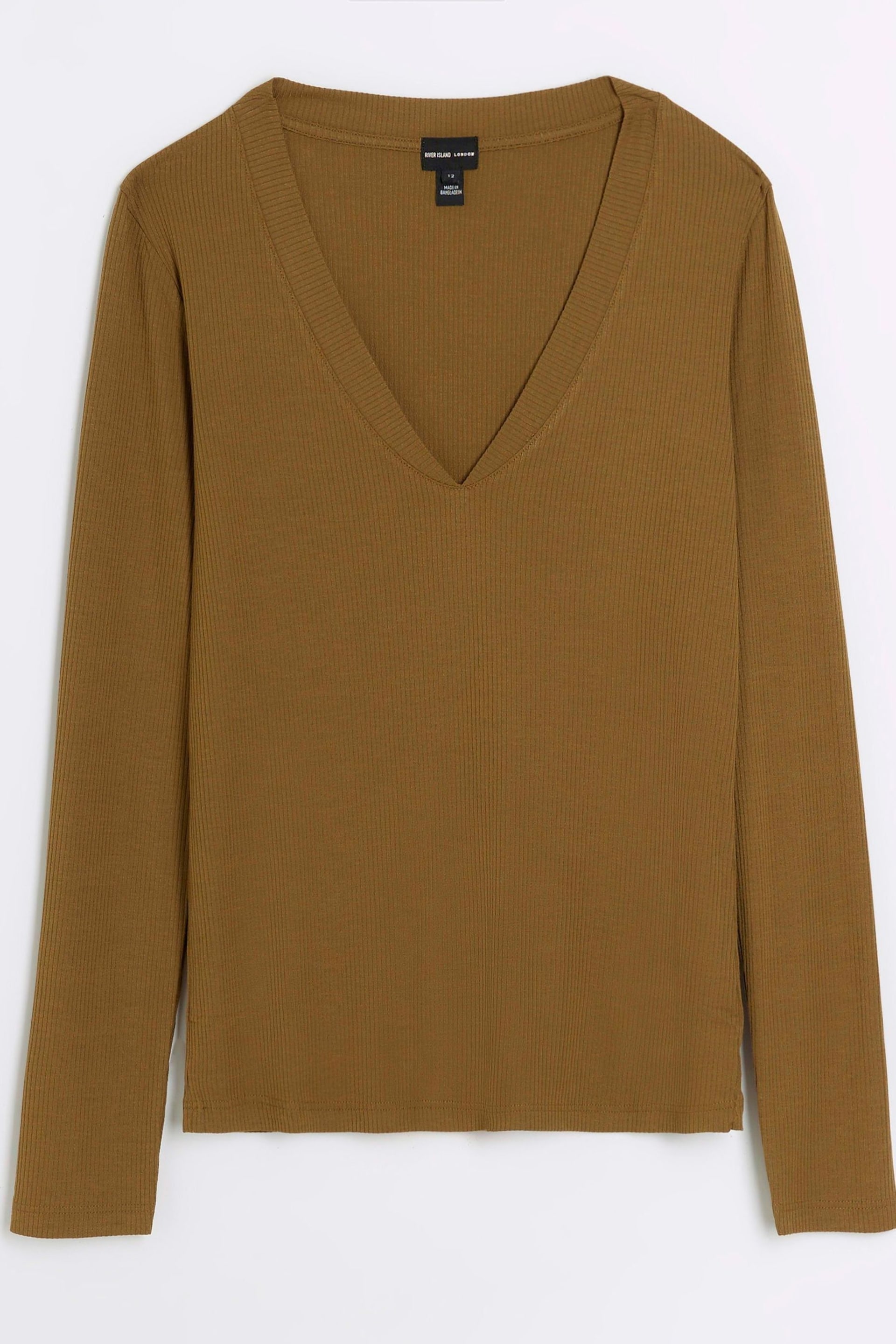 River Island Green Rib V-Neck Long Sleeve Top - Image 5 of 6