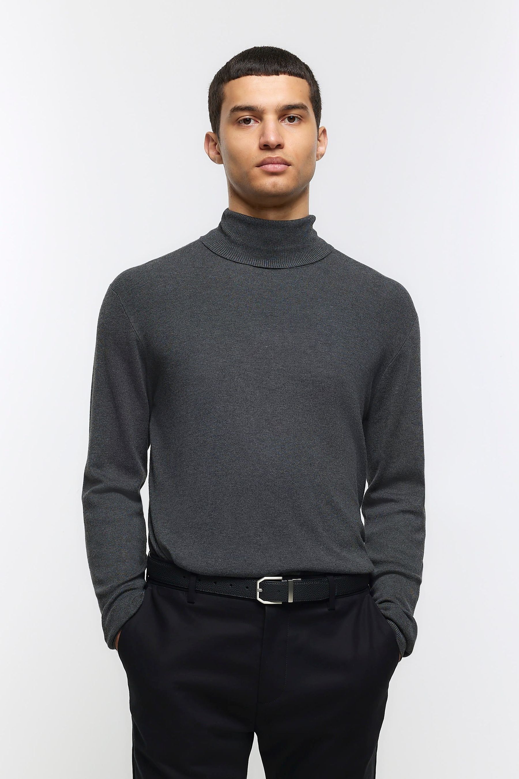 Buy River Island Grey Slim Fit Roll Neck Jumper from Next Oman