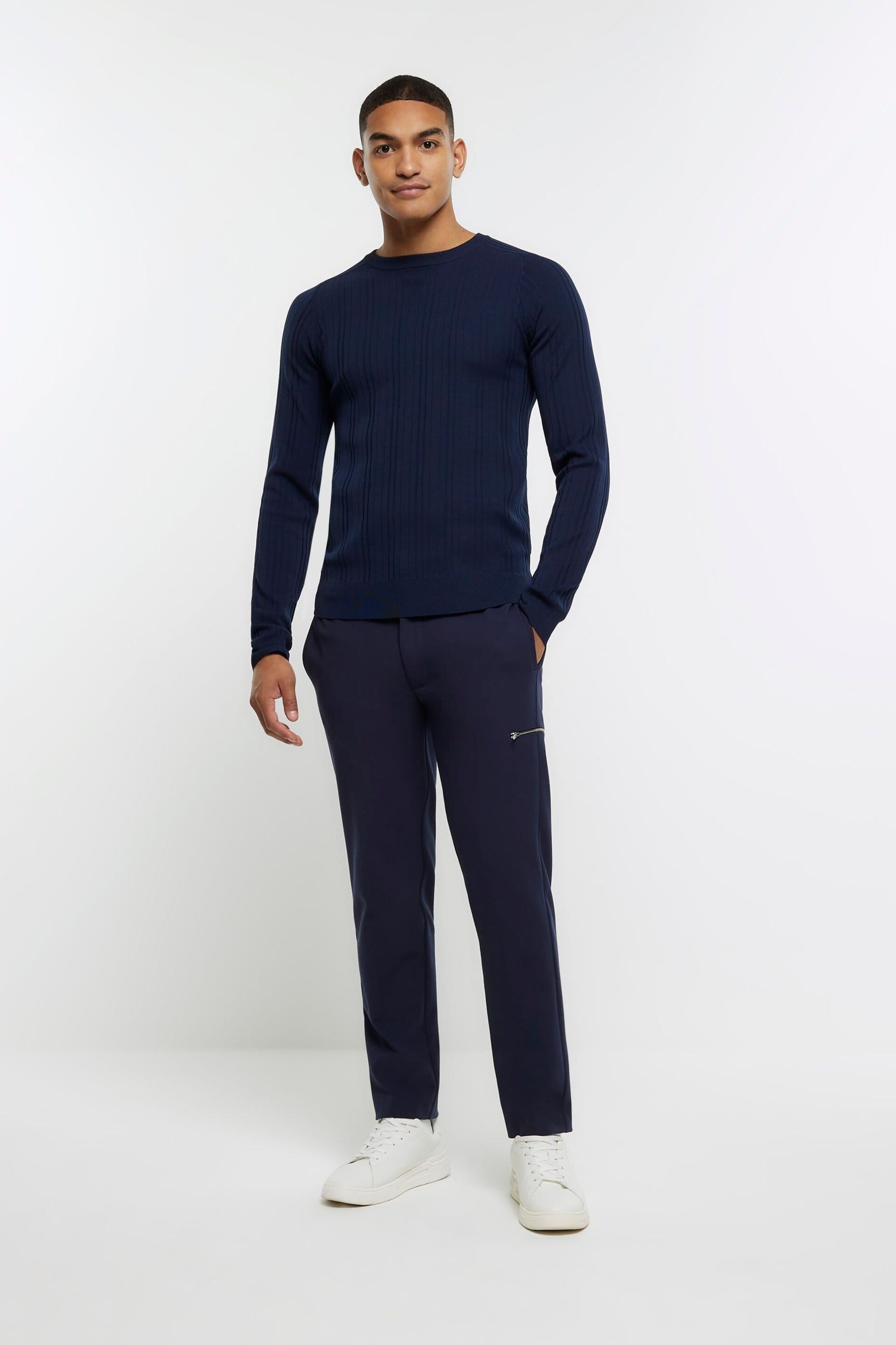 River Island Blue Muscle Fit Ribbed Jumper - Image 3 of 6