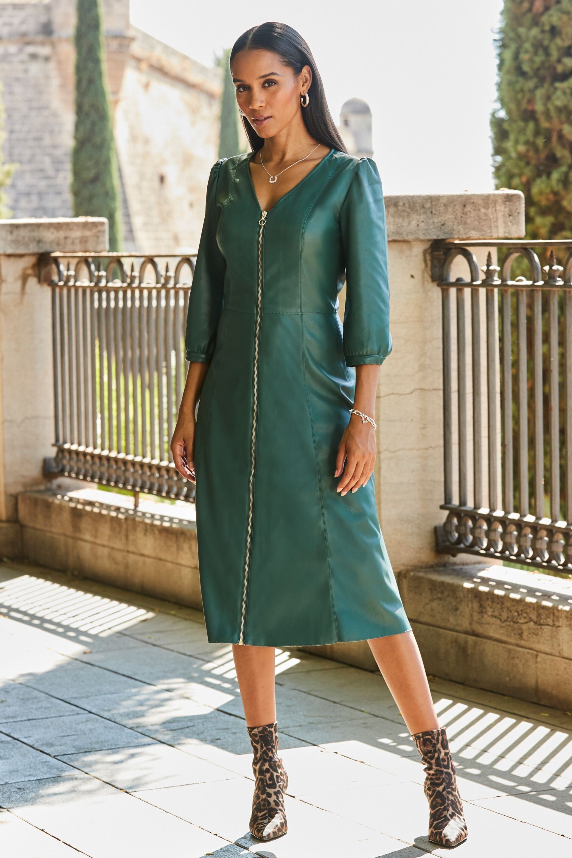 Sosandar Green Zip Front Faux Leather Midi Dress - Image 3 of 4