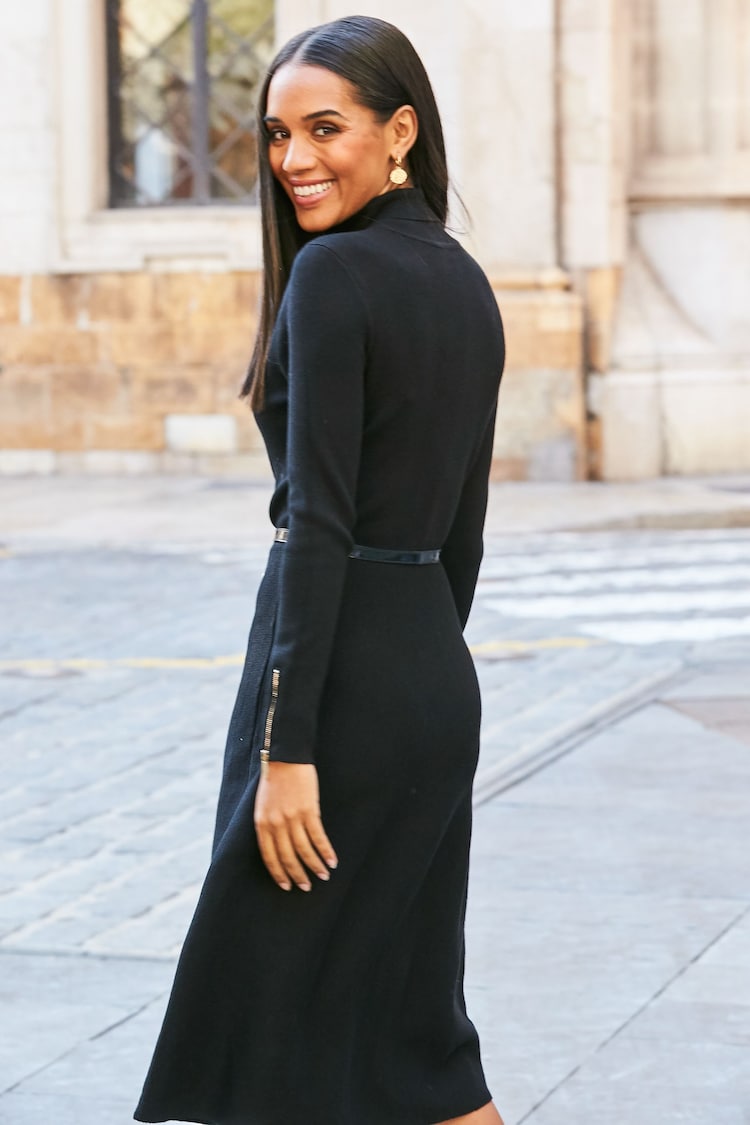 Sosandar Black Roll Neck Zip Detail Fit & Flare Knitted Dress - Image 2 of 5