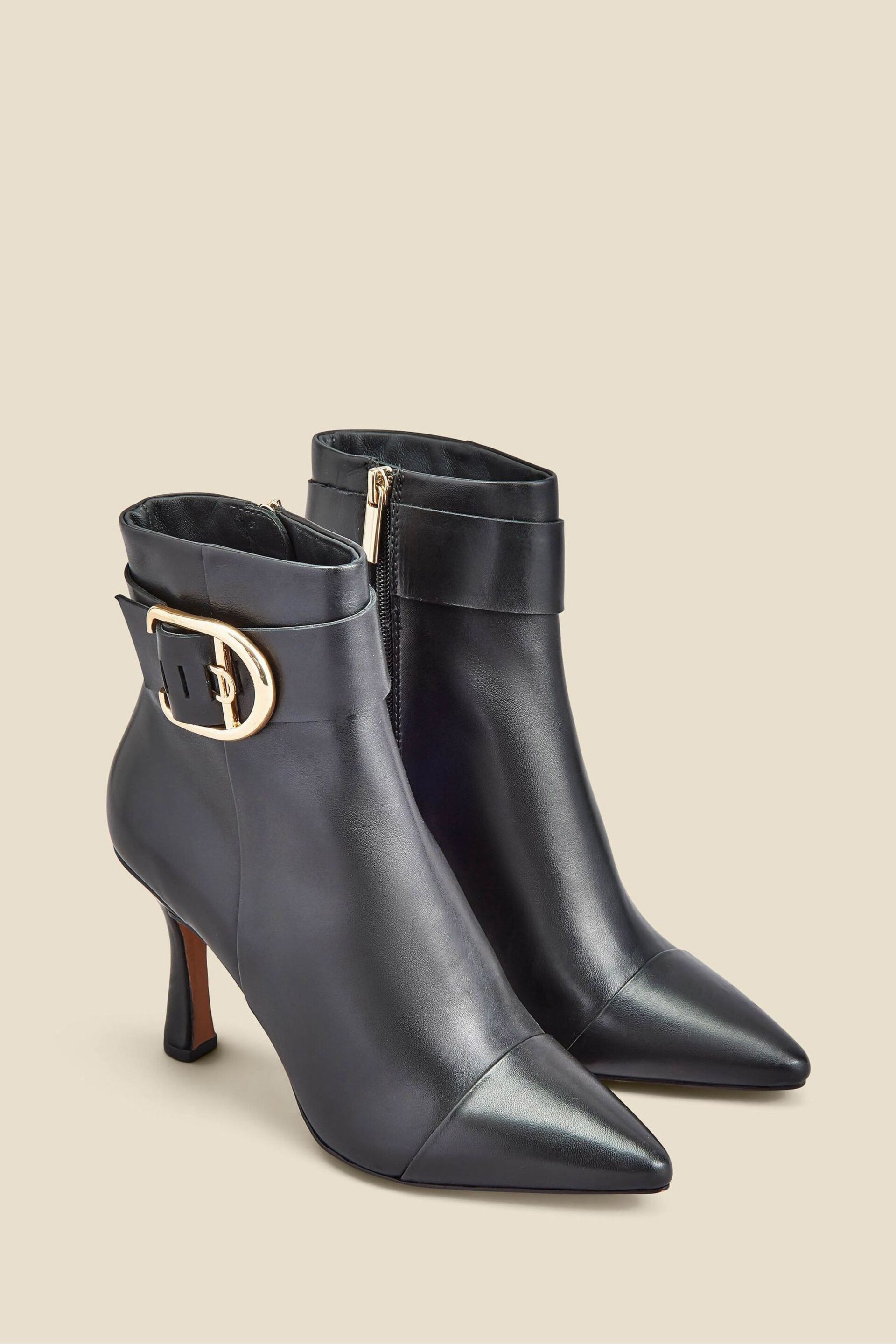 Sosandar Black Leather Buckle Detail Flared Heel Ankle Boots - Image 2 of 4