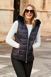 Sosandar Black Padded Gilet With Faux Fur Hood - Image 4 of 5