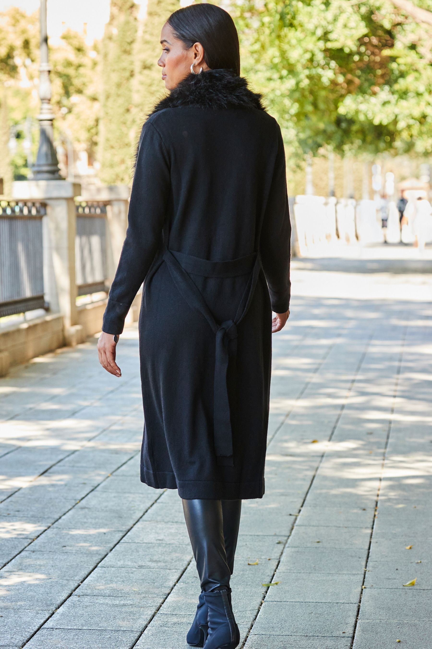 Sosandar Black Faux Fur Trim Longline Cardigan