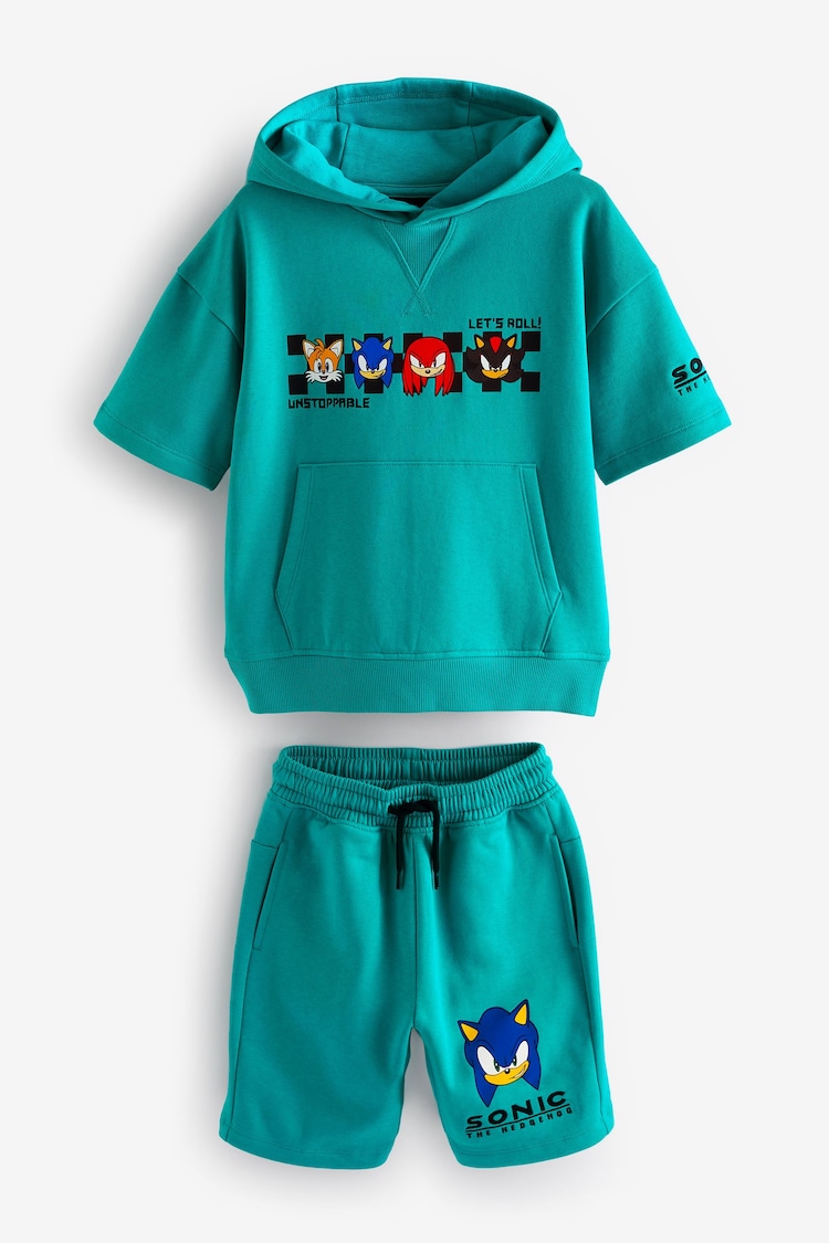 Turquoise Blue Sonic Licensed 100% Cotton Short Sleeve Hoodie and Shorts Set (3-16yrs) - Image 1 of 3