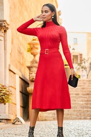 Sosandar Red Fit And Flare Ribbed Dress - Image 1 of 4