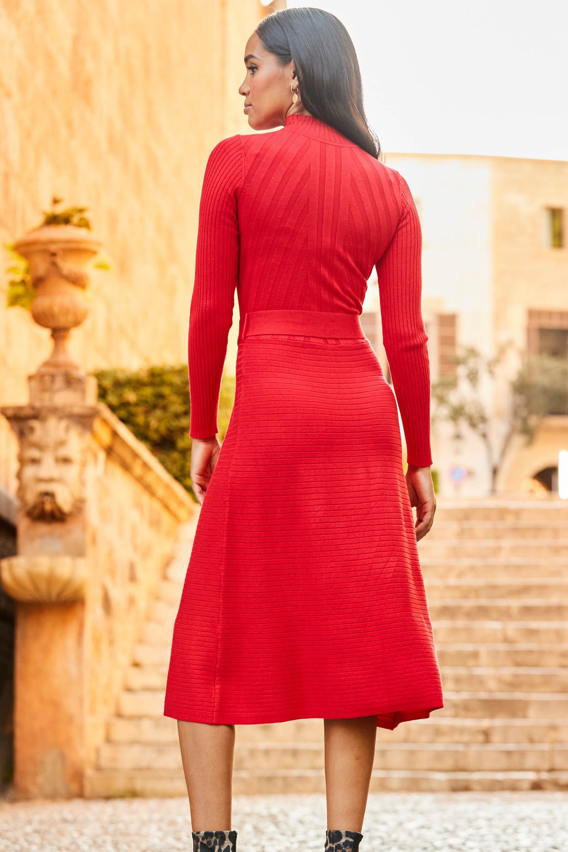 Sosandar Red Fit And Flare Ribbed Dress - Image 2 of 4