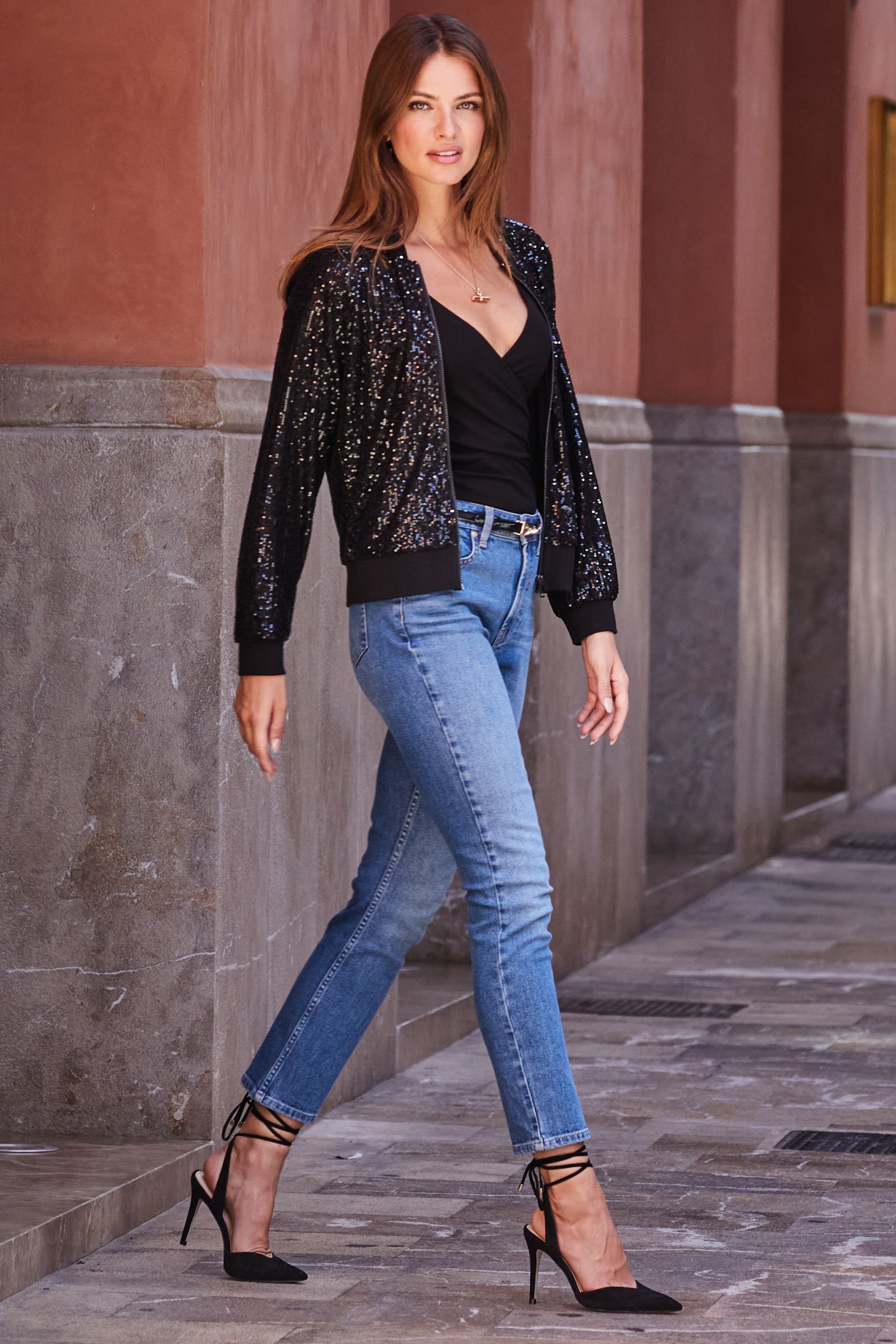 Black sequin bomber jacket uk online