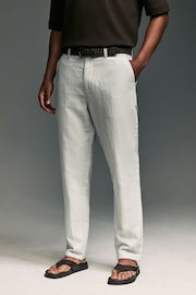 淡灰色 - Linen Blend Belted Chino Trousers - 圖片 1，共 10