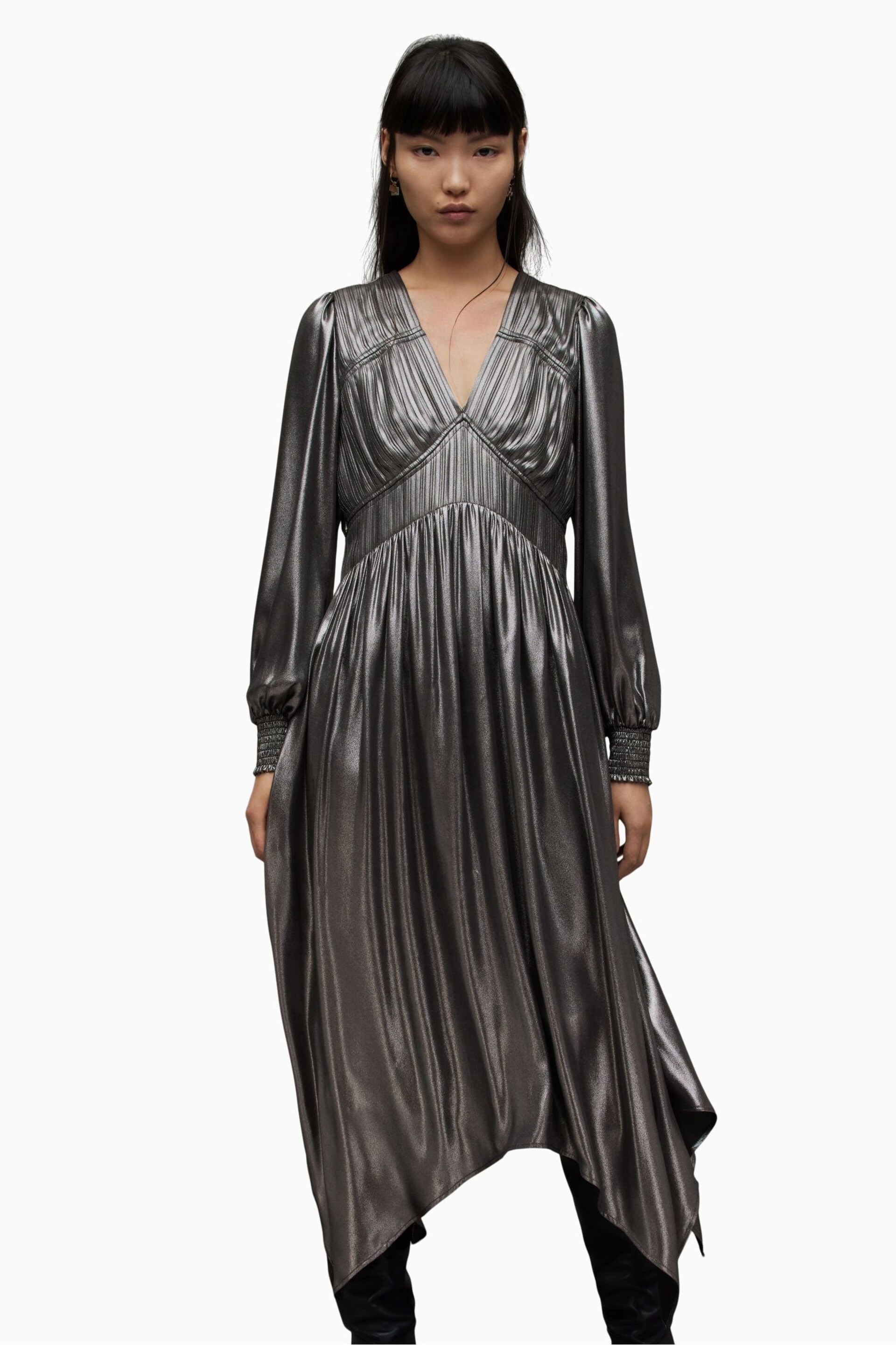 AllSaints Grey Estelle Metallic Dress - Image 1 of 7