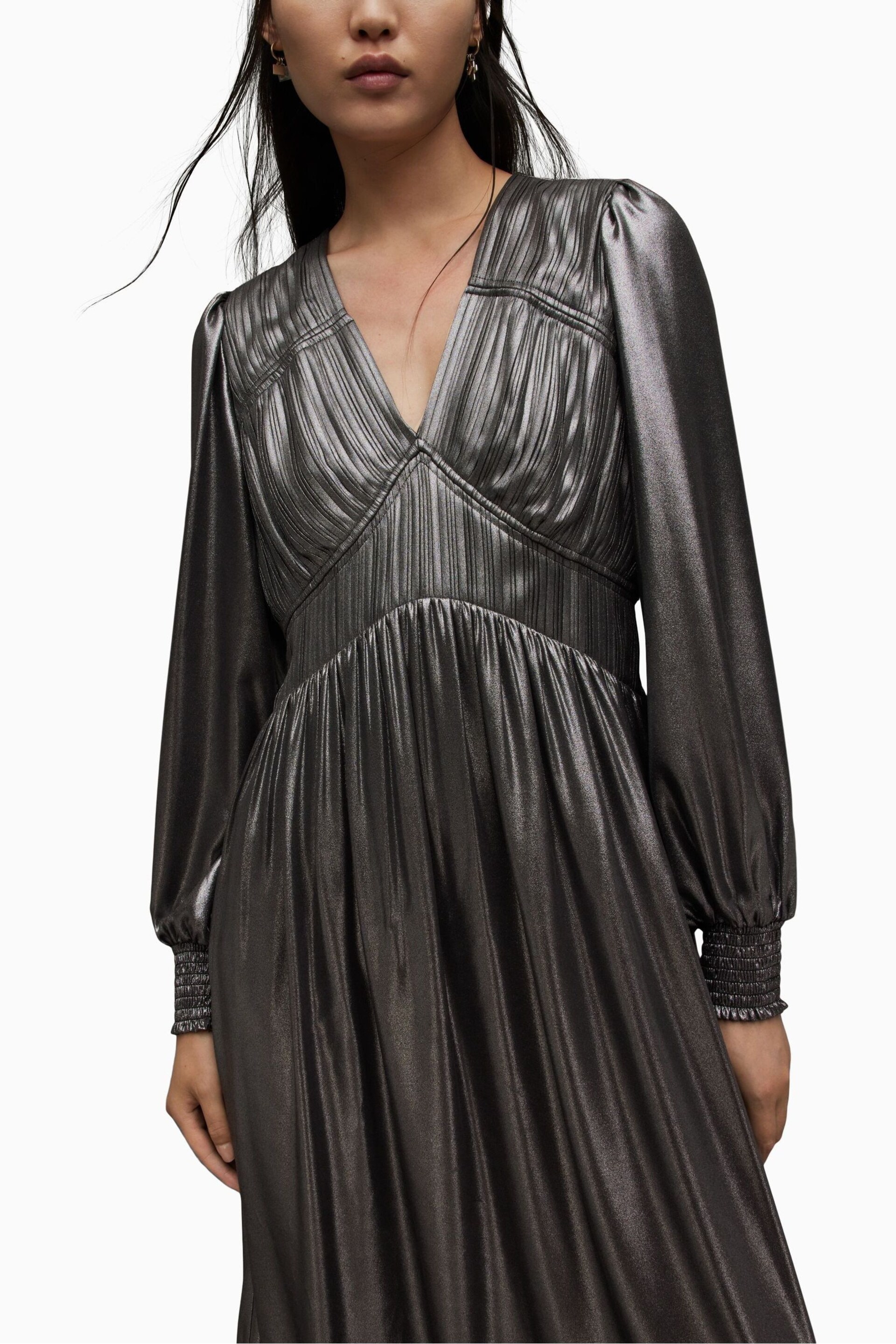 AllSaints Grey Estelle Metallic Dress - Image 5 of 7