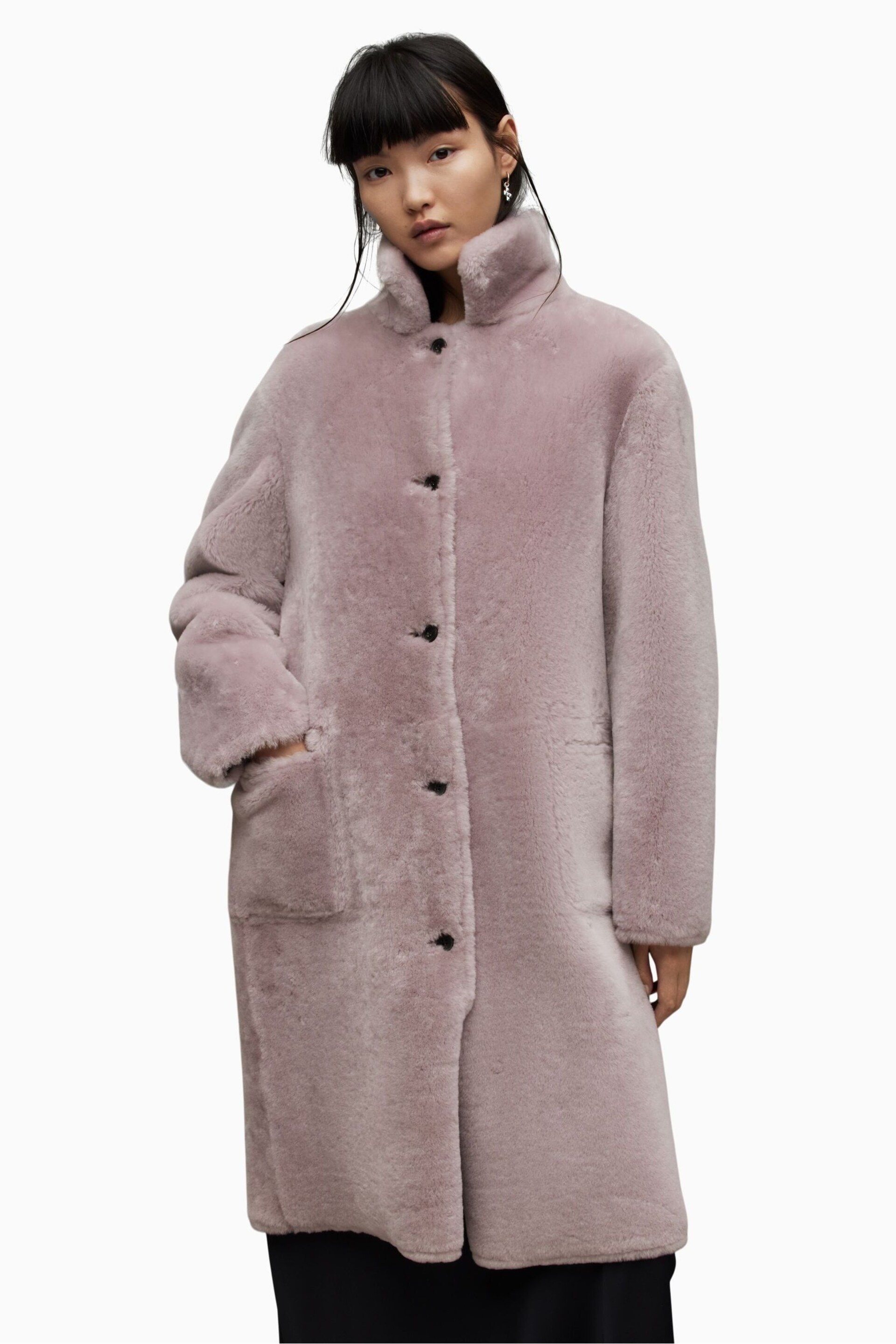 AllSaints Pink Serra Shearling Coat - Image 1 of 9