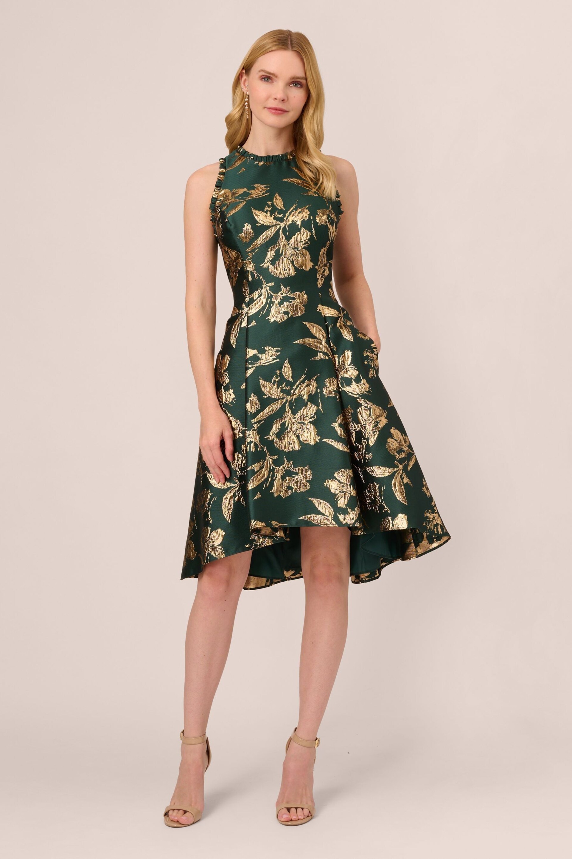 Adrianna Papell Green Ruffle Jacquard Dress - Image 1 of 7