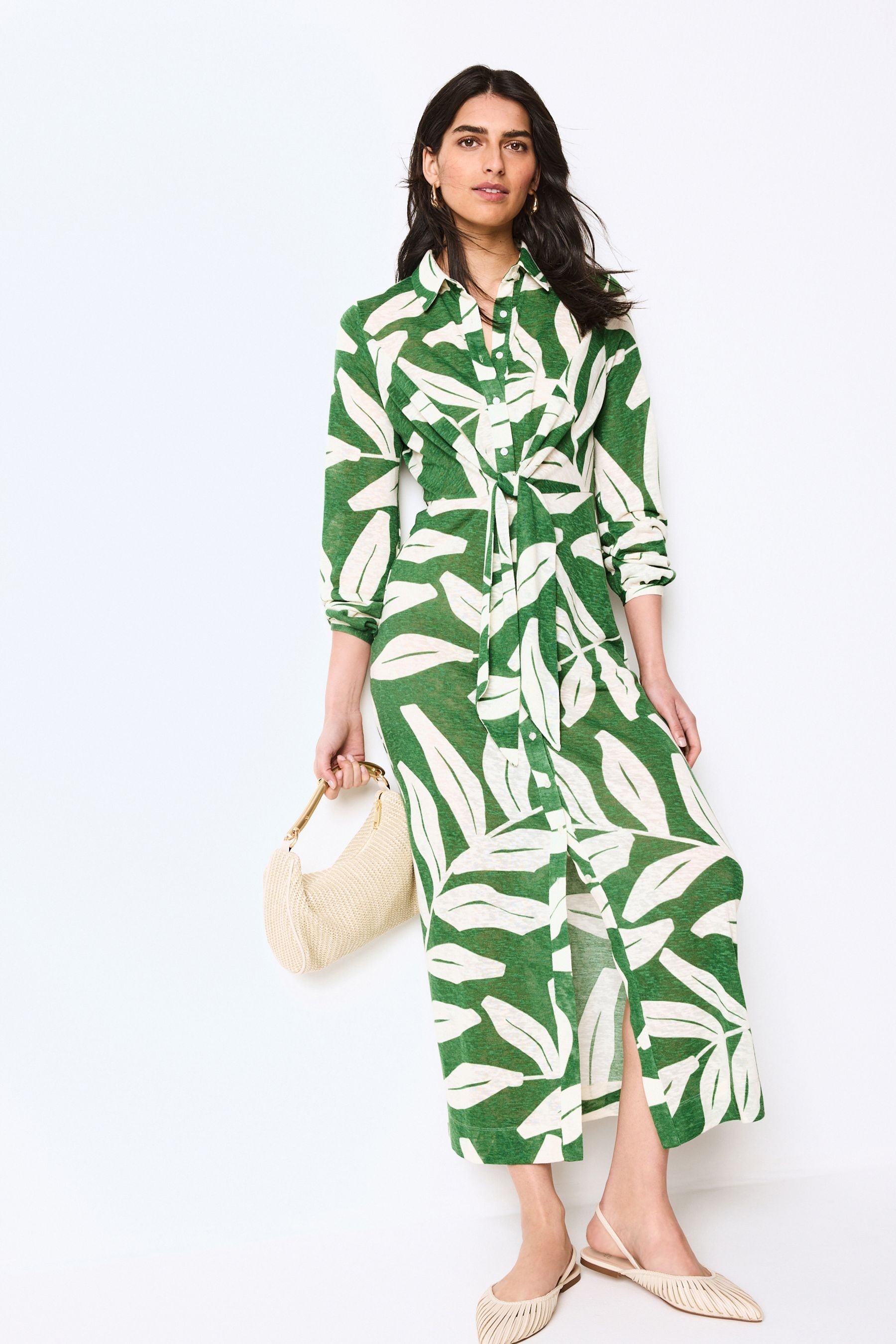 Buy Green Leaf Print Shirt Midi Dress from Next Luxembourg