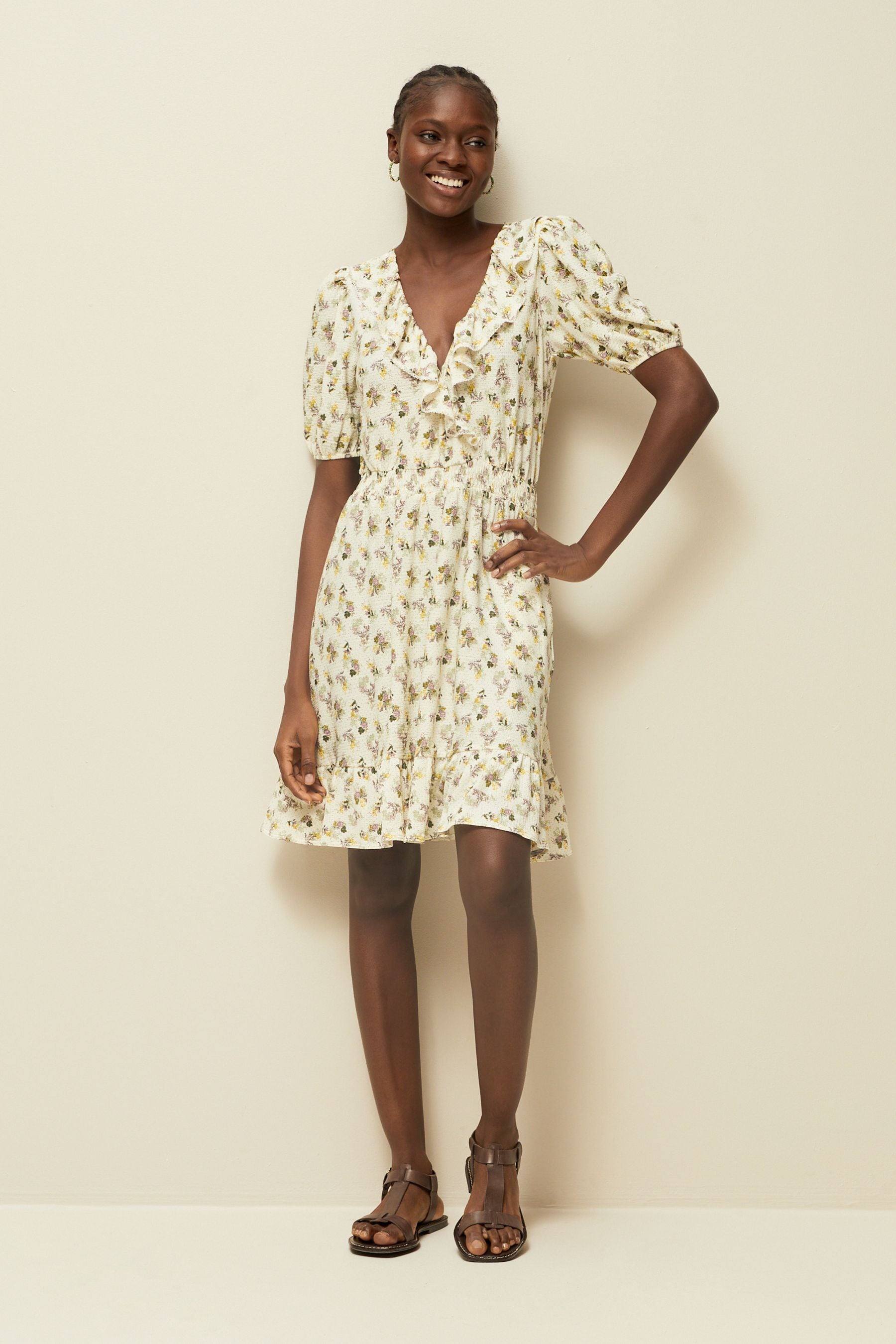 Buy Ecru Floral Print Mini Short Sleeve Frill Dress from Next Luxembourg