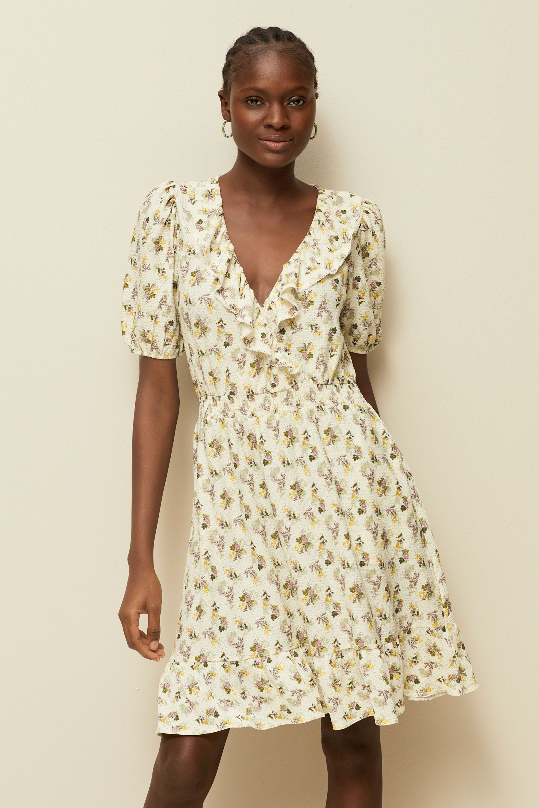Buy Ecru Floral Print Mini Short Sleeve Frill Dress from Next Luxembourg