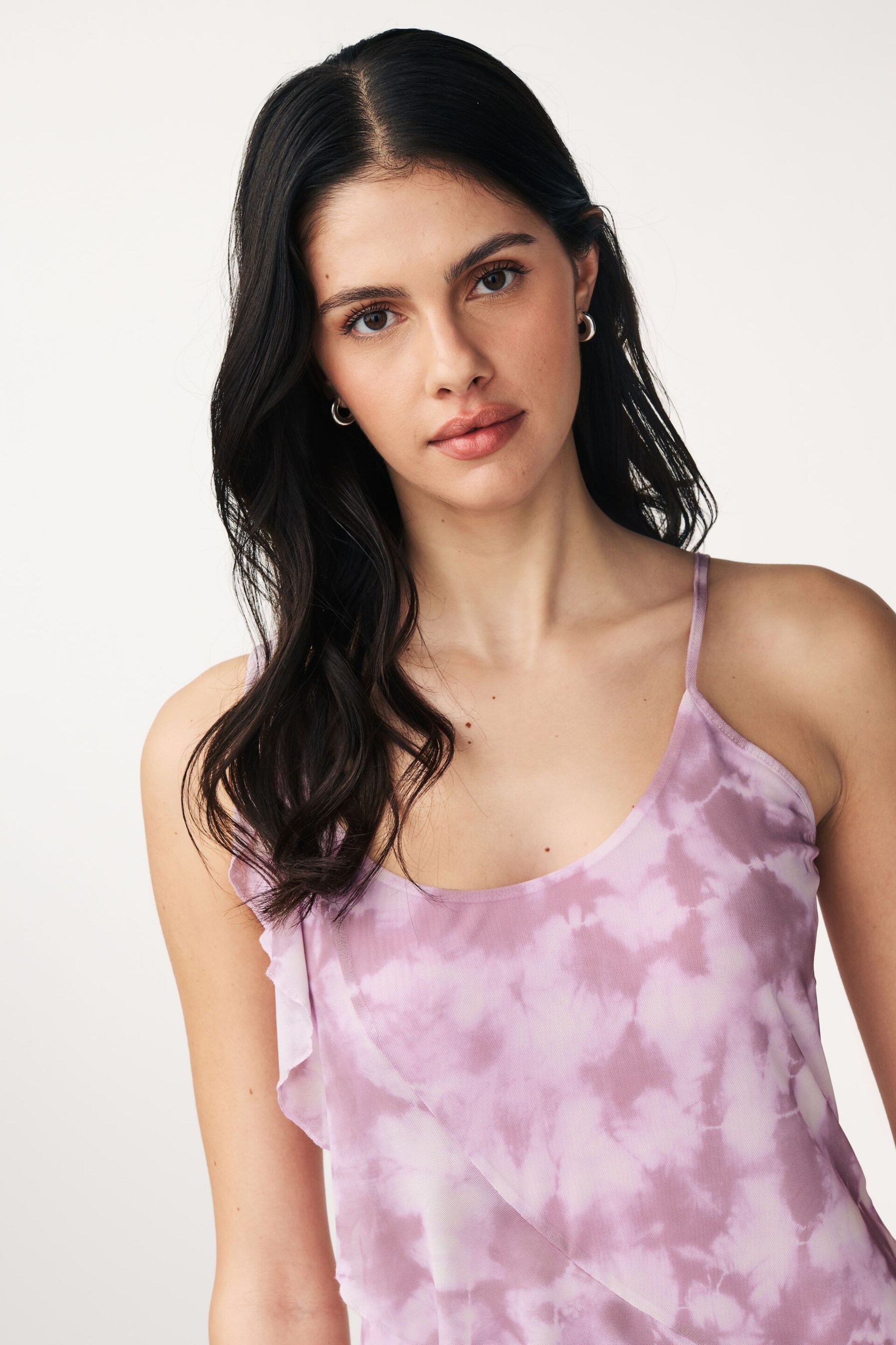 Lilac Floral Print Ruffle Asymmetric Mesh Mini Cami Dress - Image 5 of 8