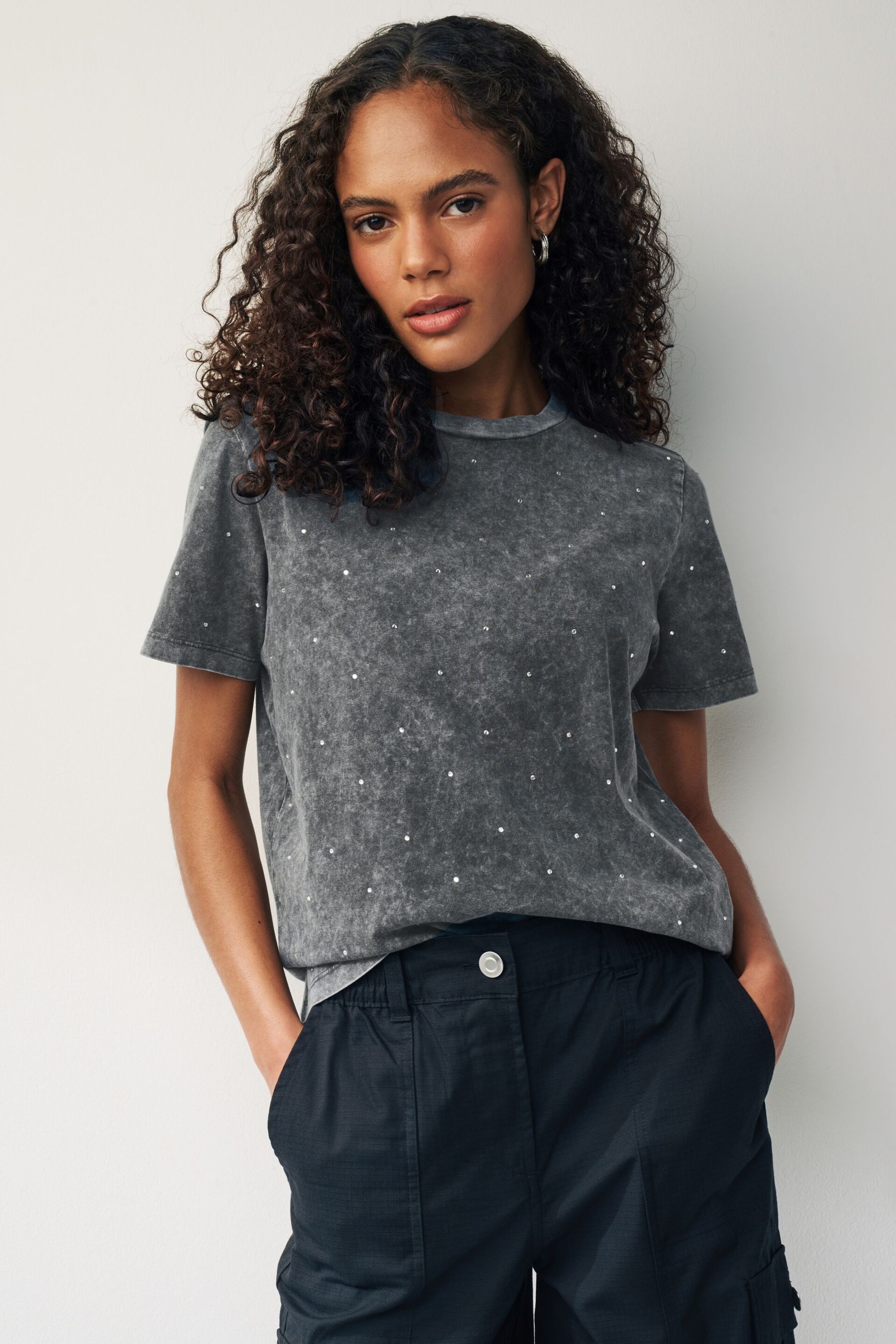 Washed Charcoal Grey Short Sleeve Sparkle Embellished T-Shirt - Image 1 of 6