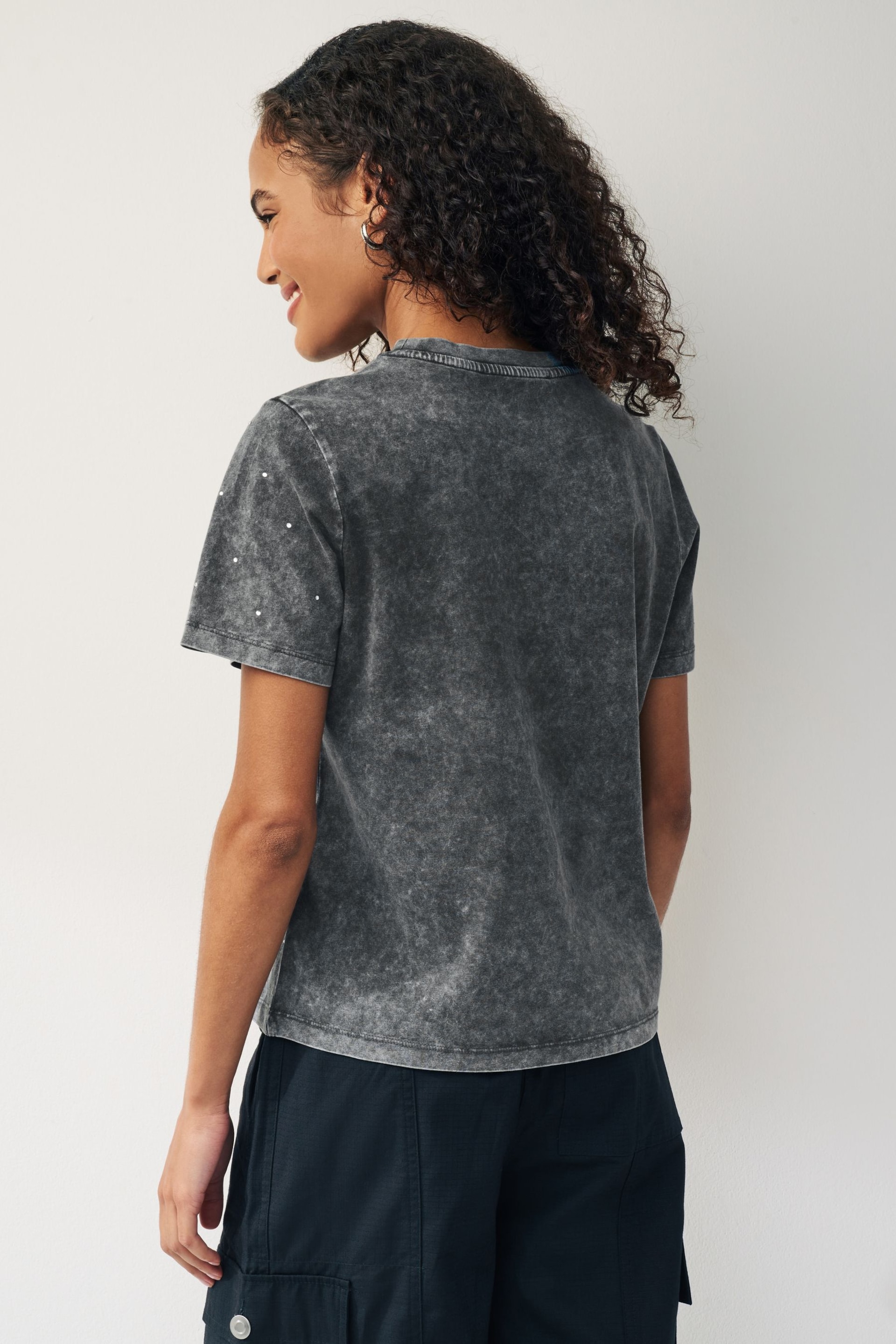 Washed Charcoal Grey Short Sleeve Sparkle Embellished T-Shirt - Image 3 of 6