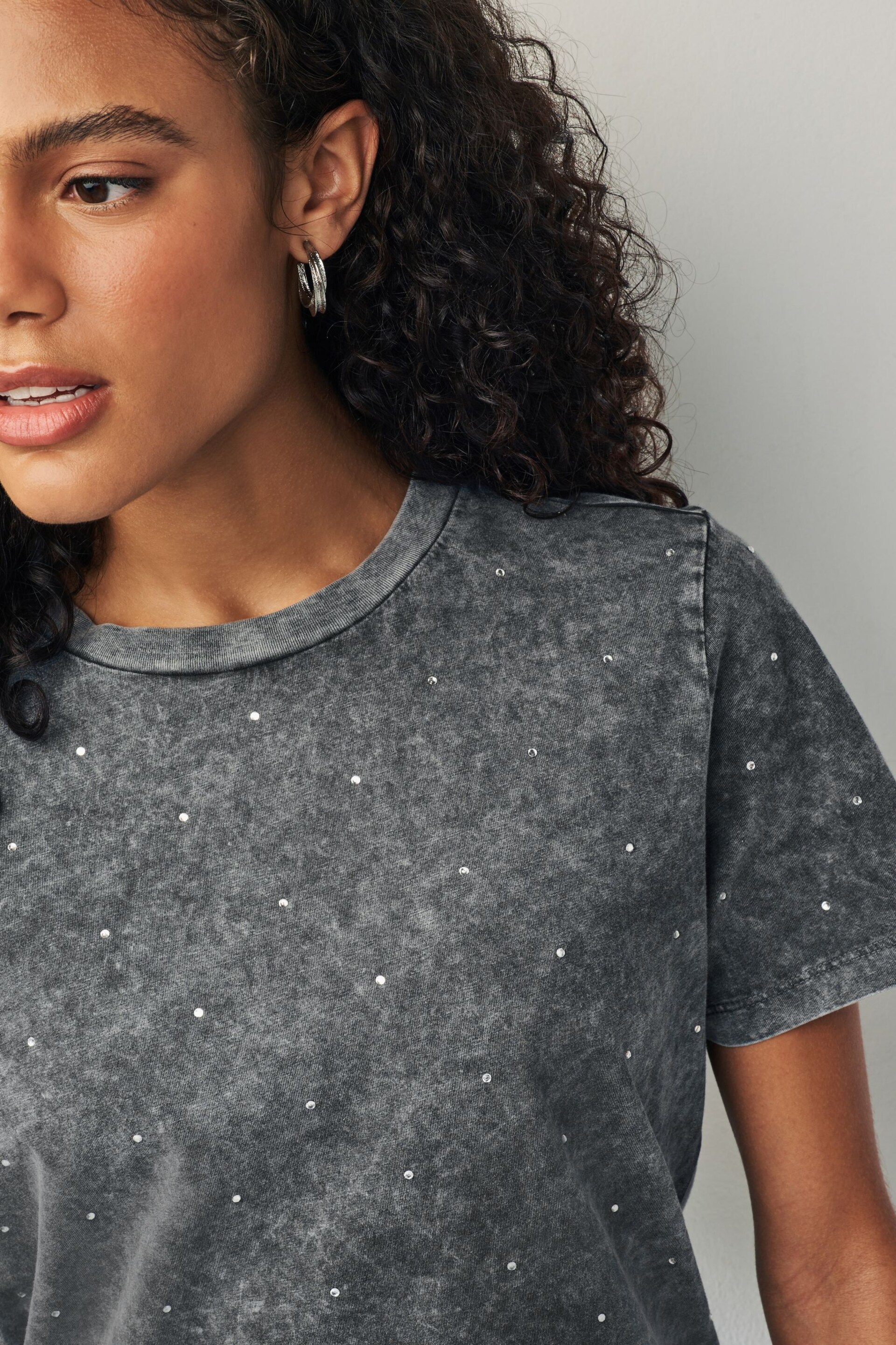 Washed Charcoal Grey Short Sleeve Sparkle Embellished T-Shirt - Image 4 of 6