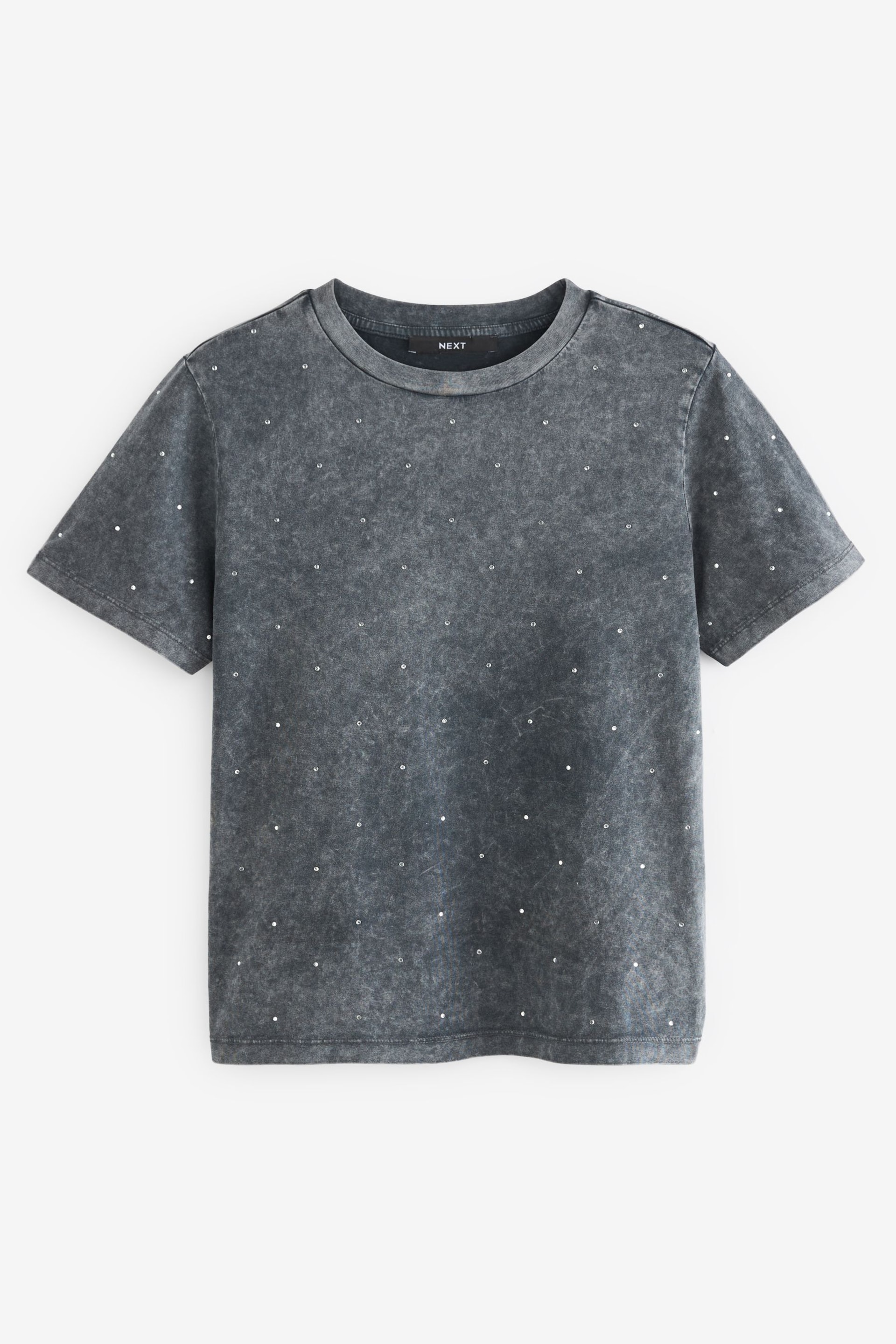 Washed Charcoal Grey Short Sleeve Sparkle Embellished T-Shirt - Image 5 of 6