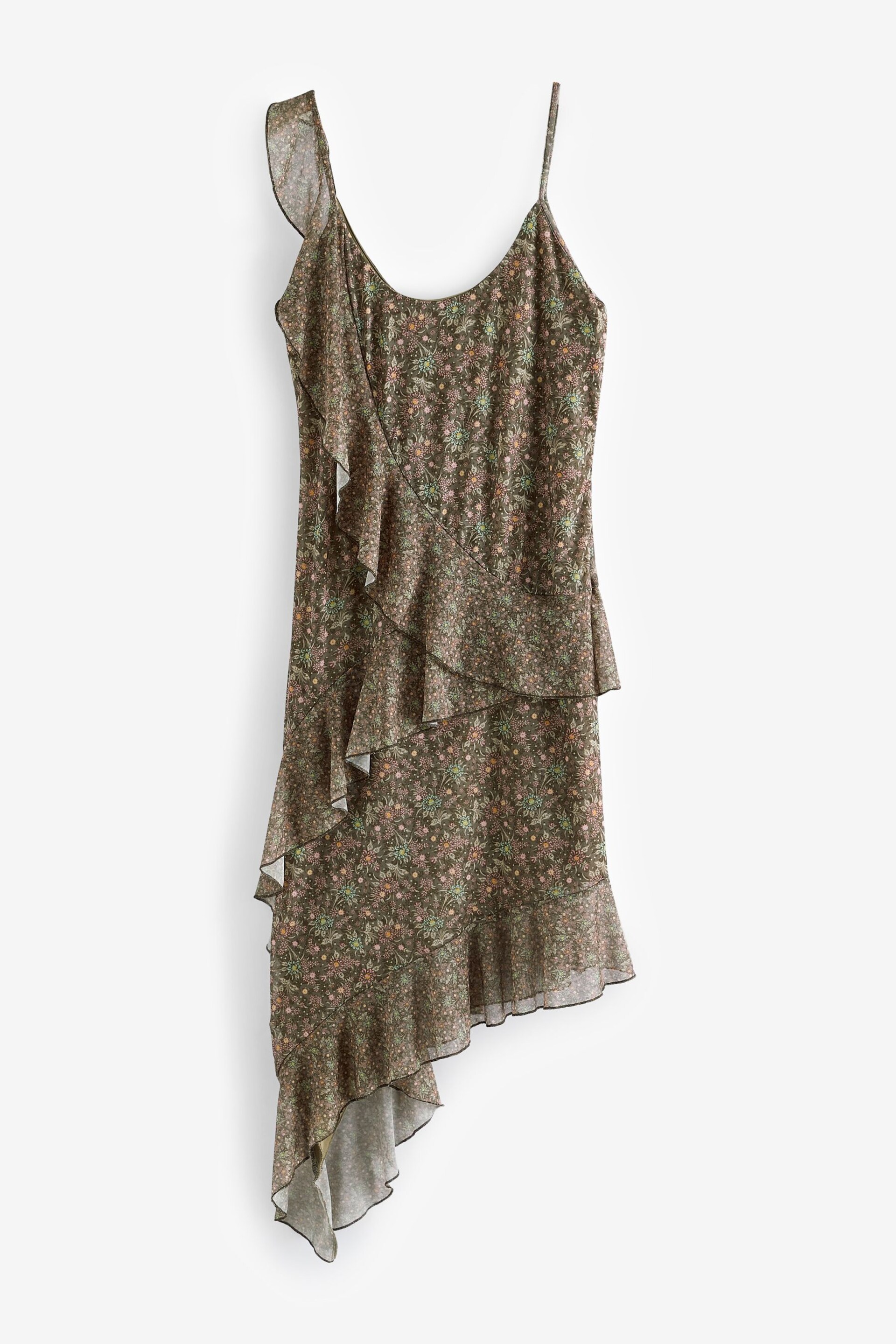 Green Floral Ruffle Asymmetric Mesh Mini Cami Dress - Image 5 of 6