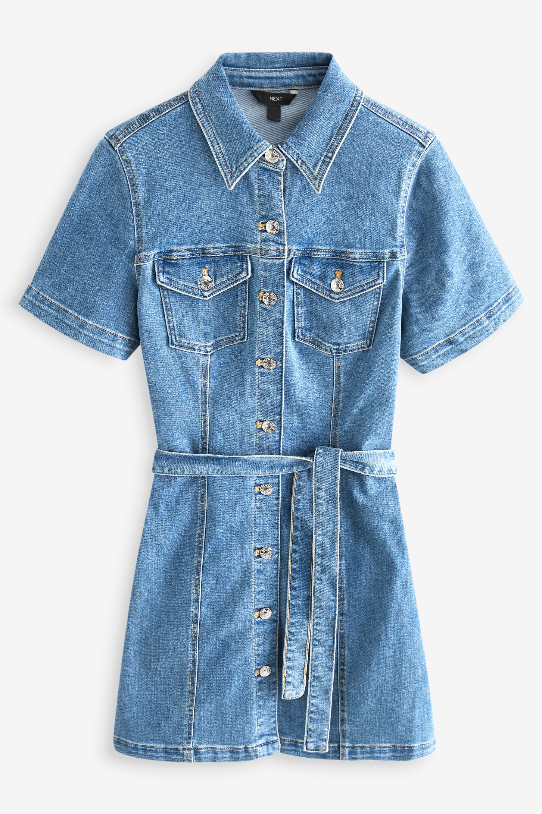 Next Mid Blue Belted Denim Shirt Dress