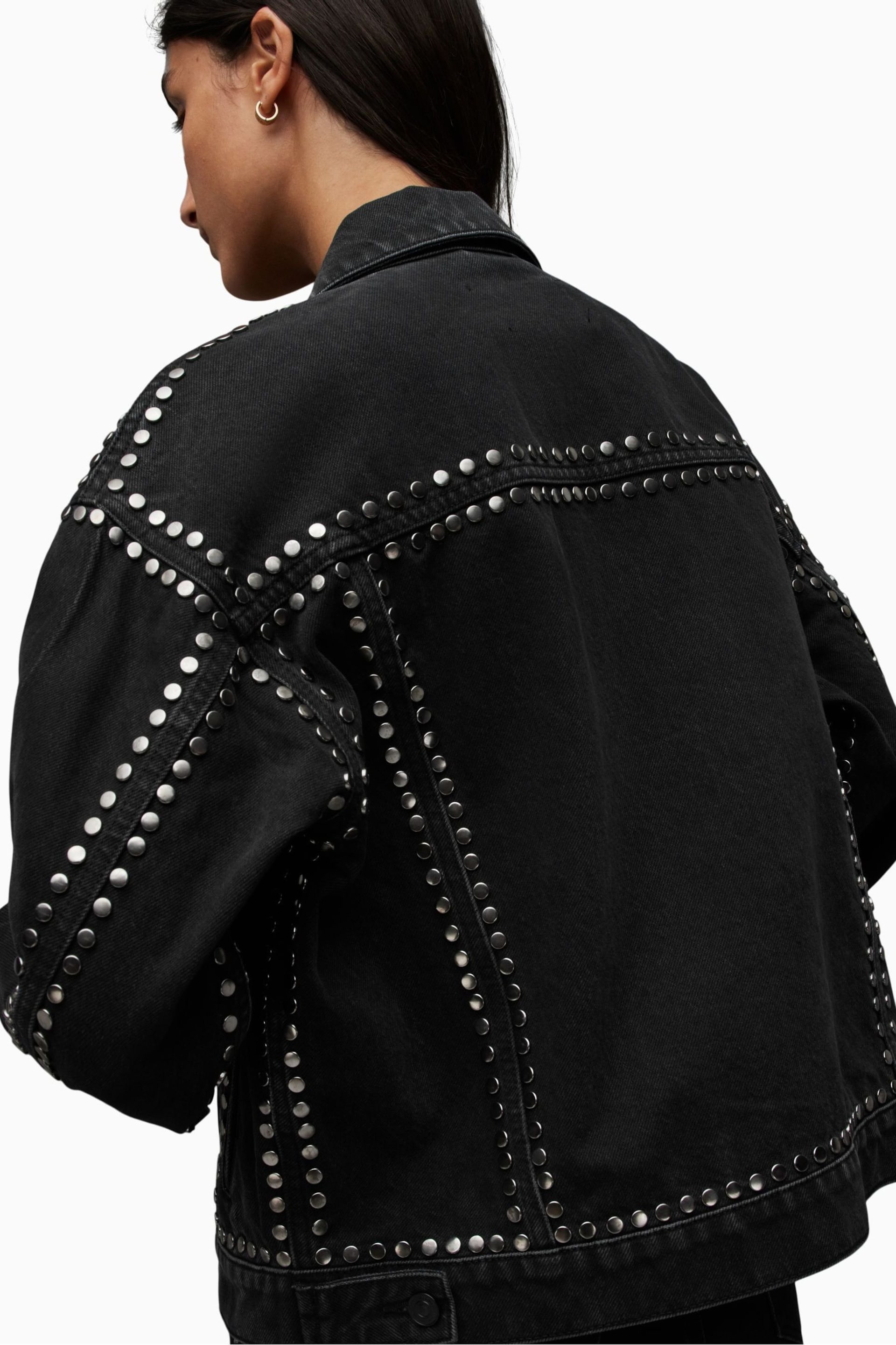 AllSaints Black Bella Stud Denim Jacket - Image 7 of 10