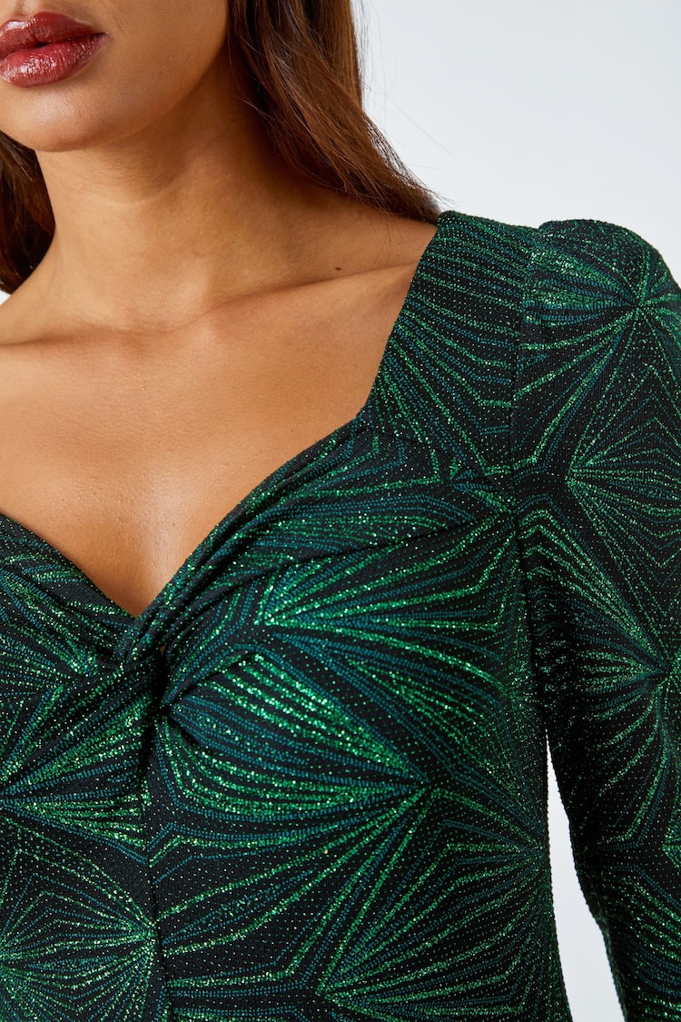 Roman Green Geometric Sparkle Midi Stretch Dress - Image 5 of 5