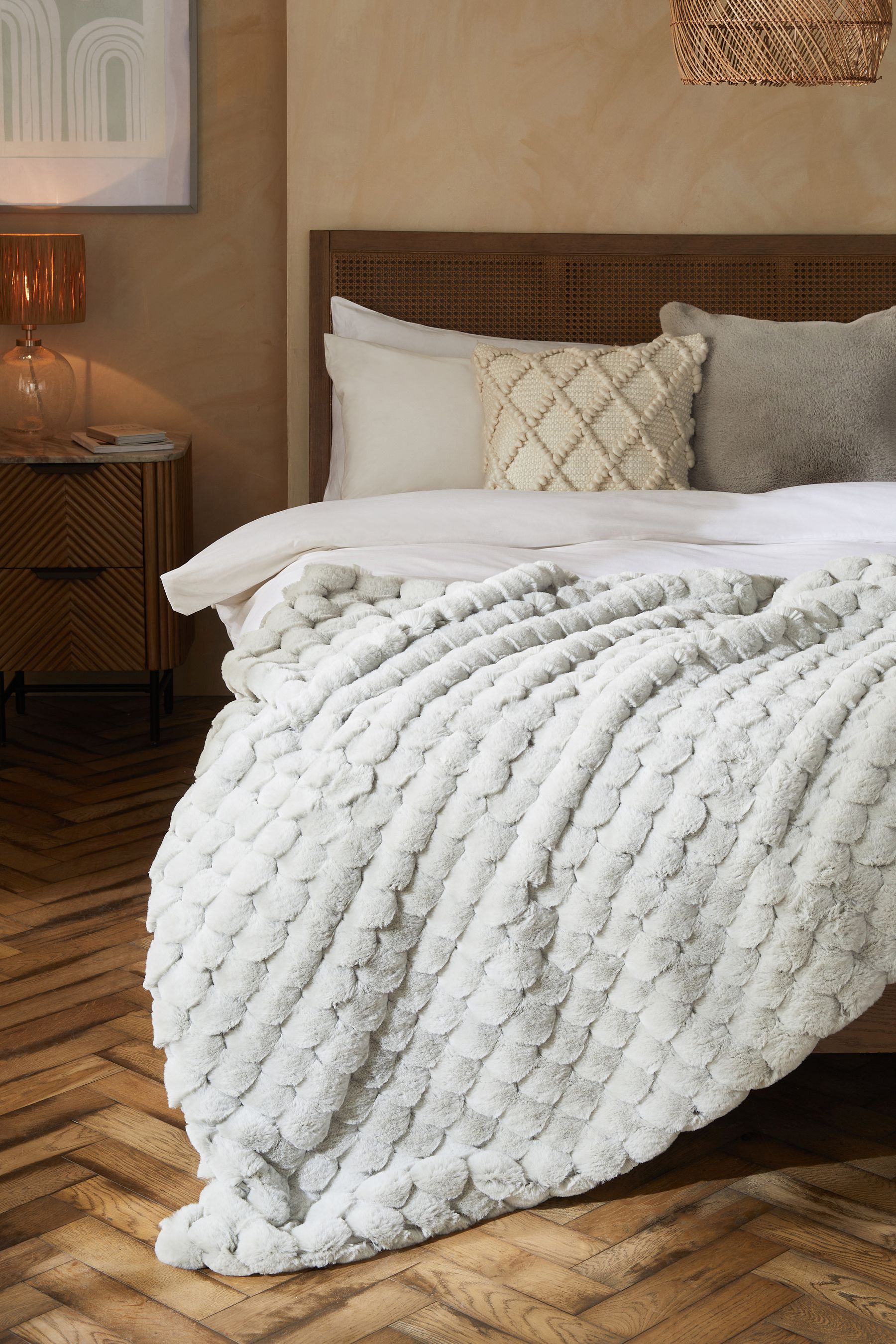 Grey Luna Scalloped Plush Faux Fur Throw