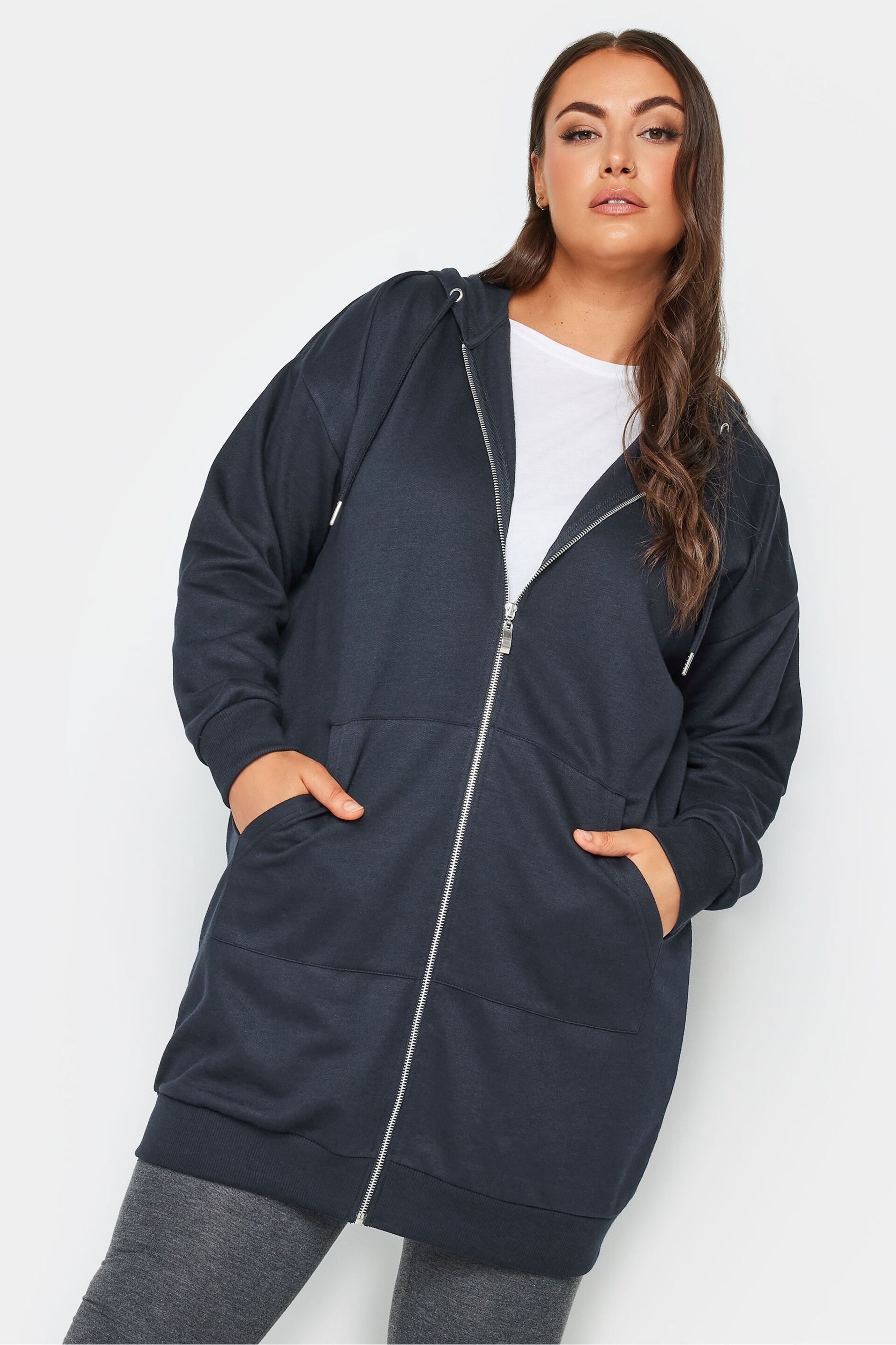 Yours Curve Blue Longline Zip Through Hoodie - Image 1 of 4