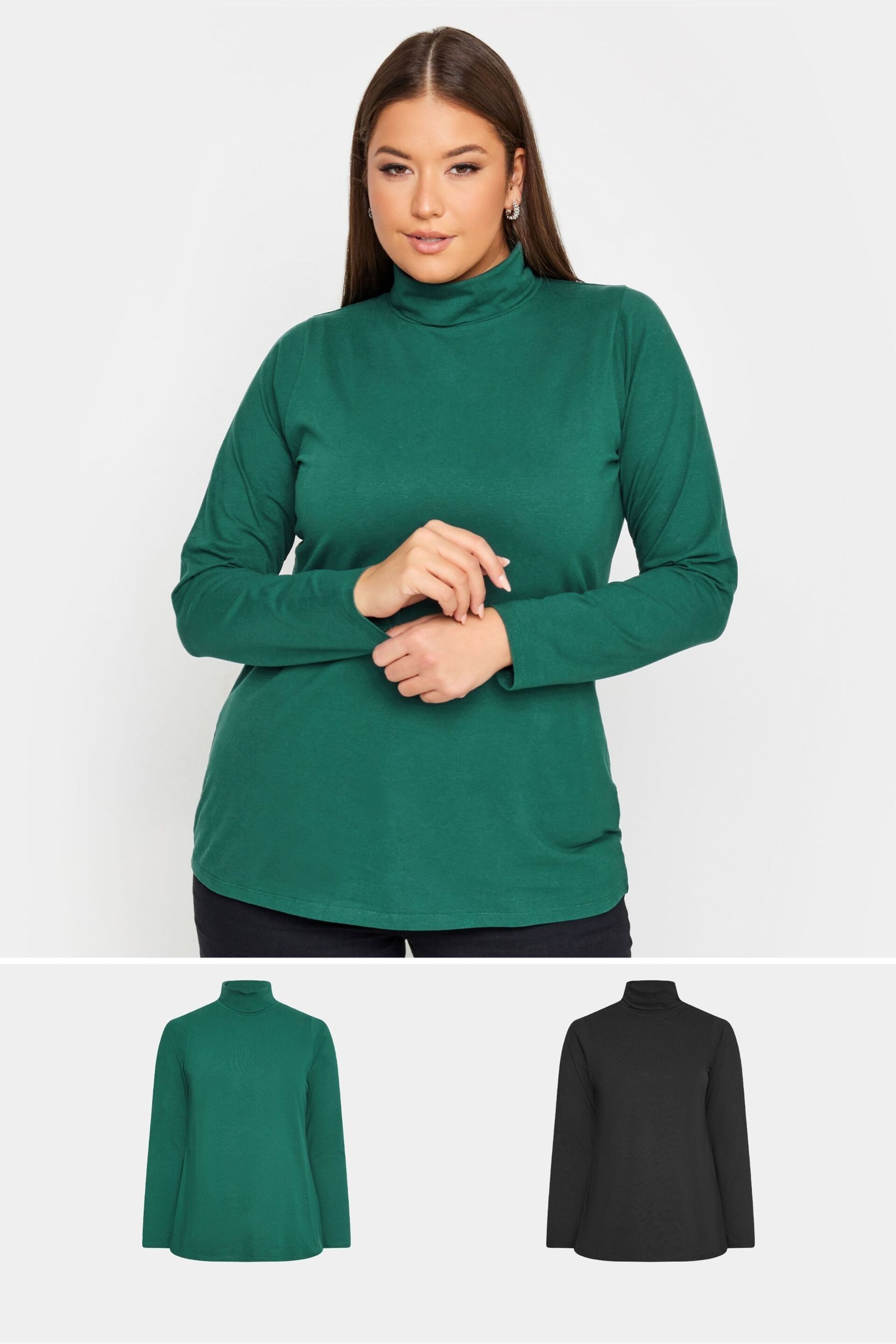 Yours Curve Green Longsleeve Turtle Neck Tops 2 Packs - Image 1 of 5