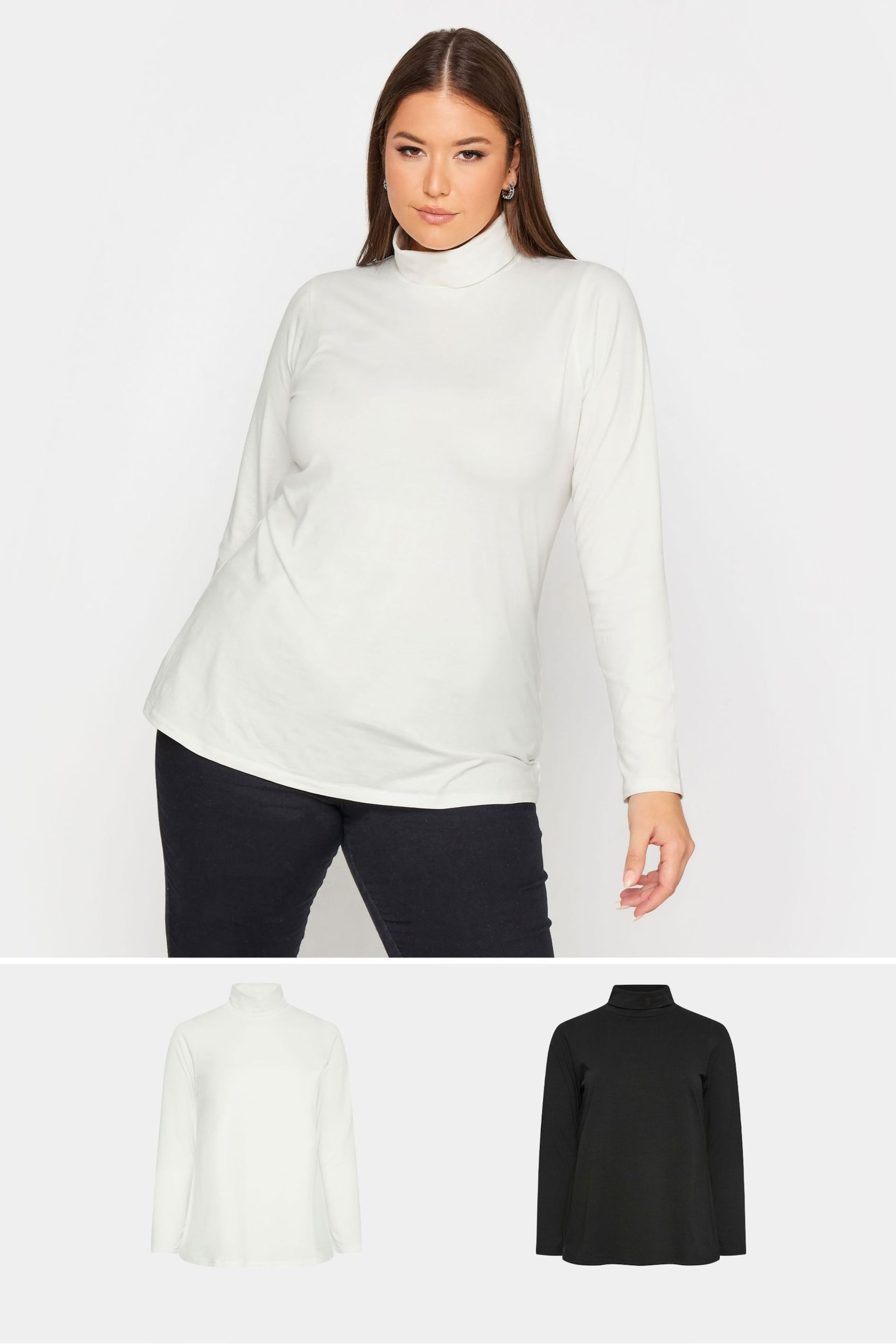 Yours Curve Black Longsleeve Turtle Neck Tops 2 Packs - Image 1 of 5